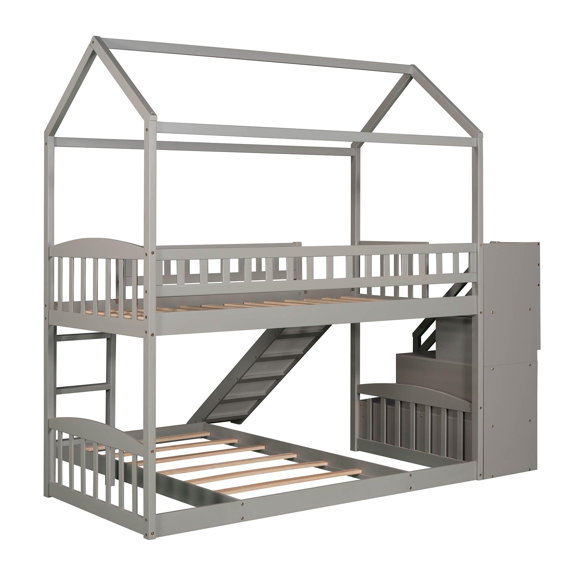 Twin Over Twin House Shaped Bunk Bed with Staircase Drawers and Slide - White