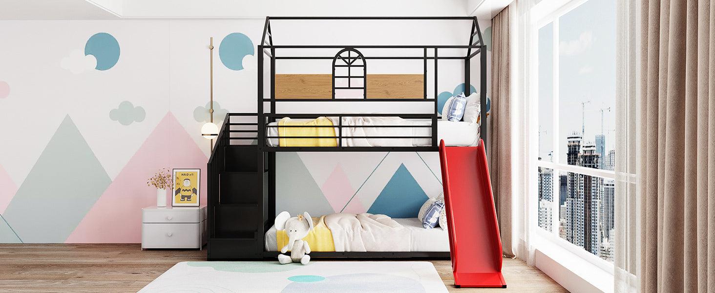 Twin Over Twin House Shaped Metal Bunk Bed withStorage Drawers and Red Slide - Black