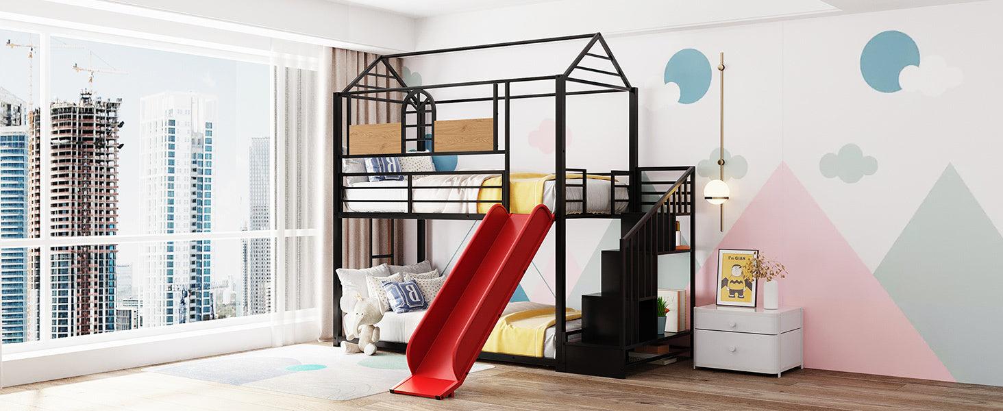 Twin Over Twin House Shaped Metal Bunk Bed withStorage Drawers and Red Slide - Black