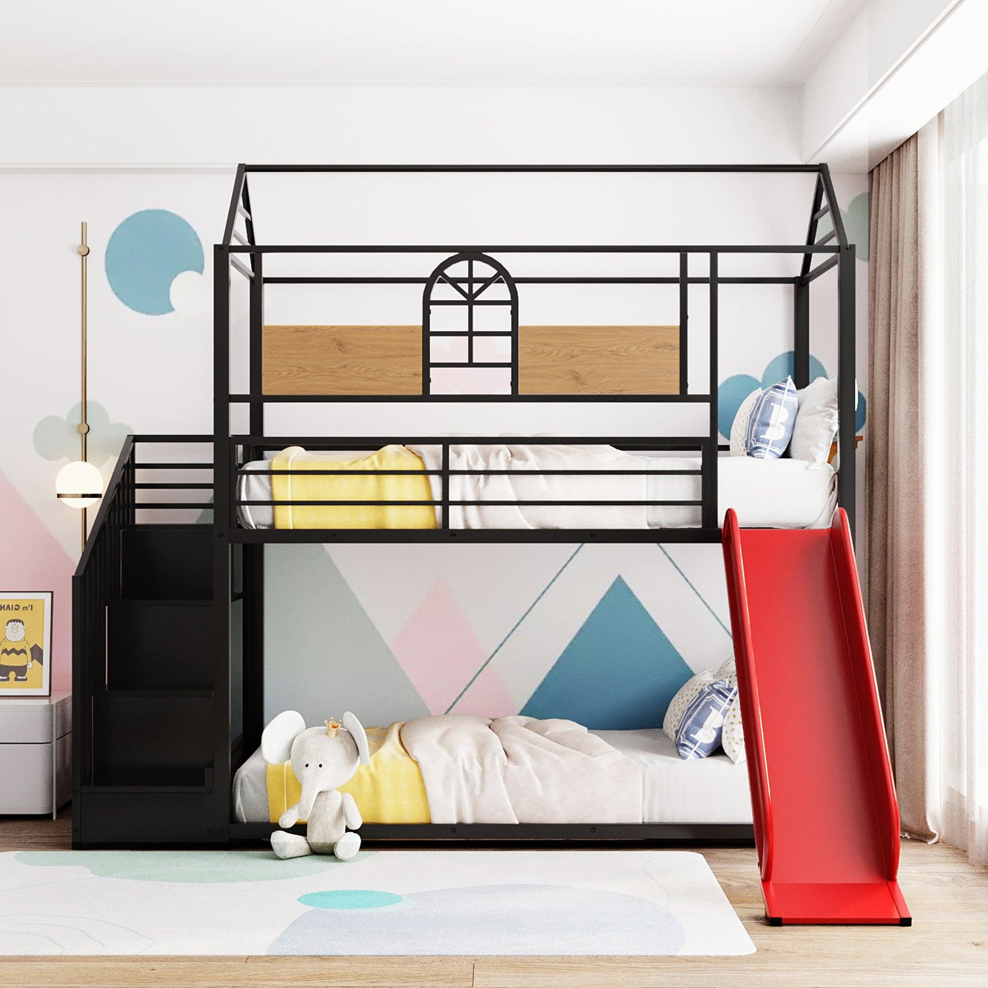 Twin Over Twin House Shaped Metal Bunk Bed withStorage Drawers and Red Slide - Black