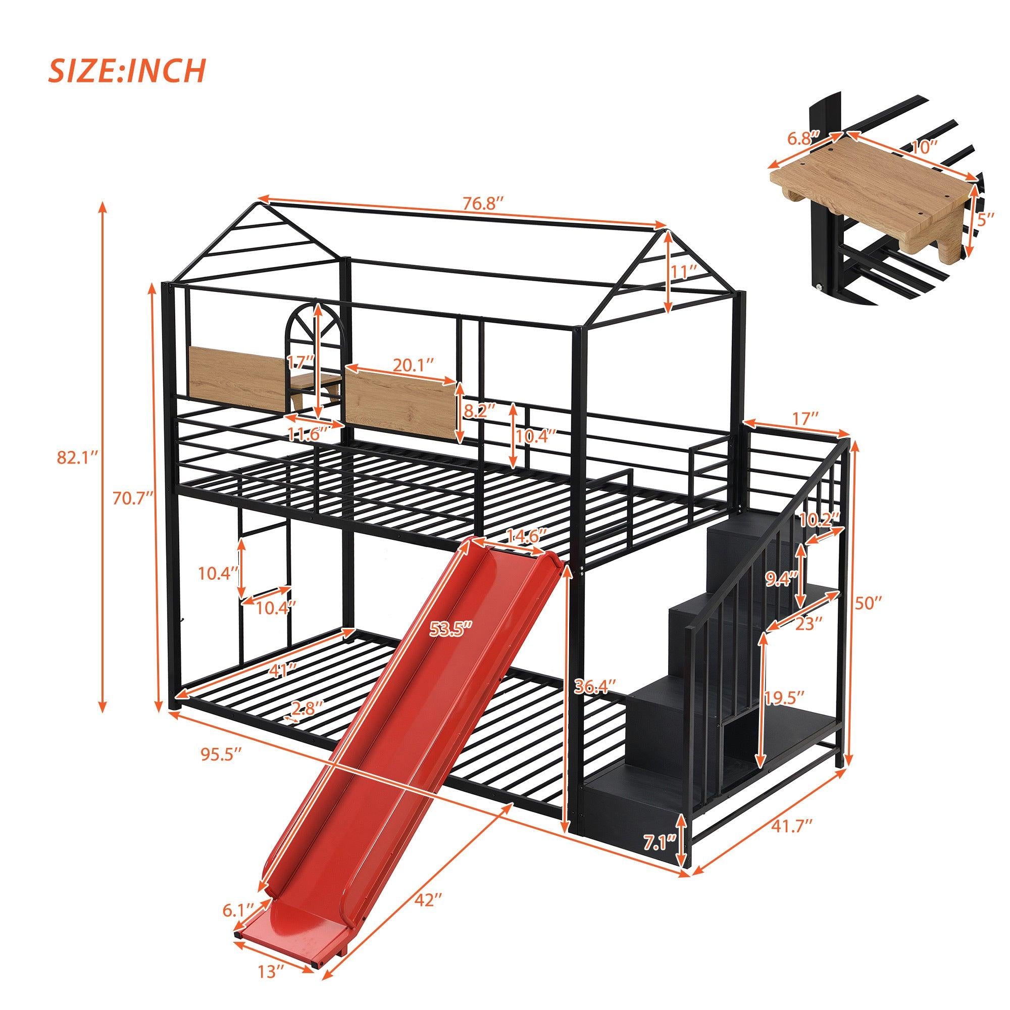 Twin Over Twin House Shaped Metal Bunk Bed withStorage Drawers and Red Slide - Black