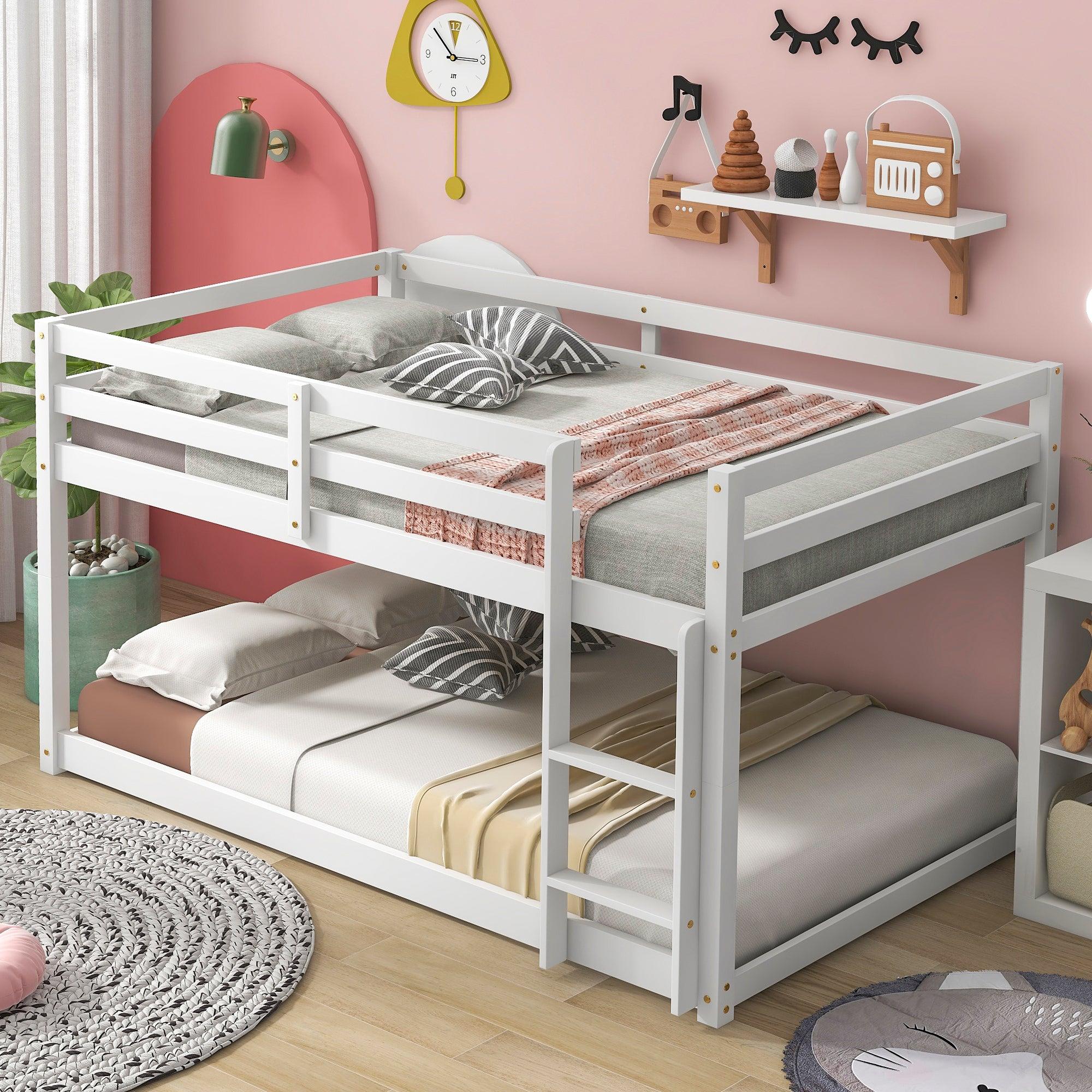 Twin over Twin Floor Bunk Bed with Ladder - White