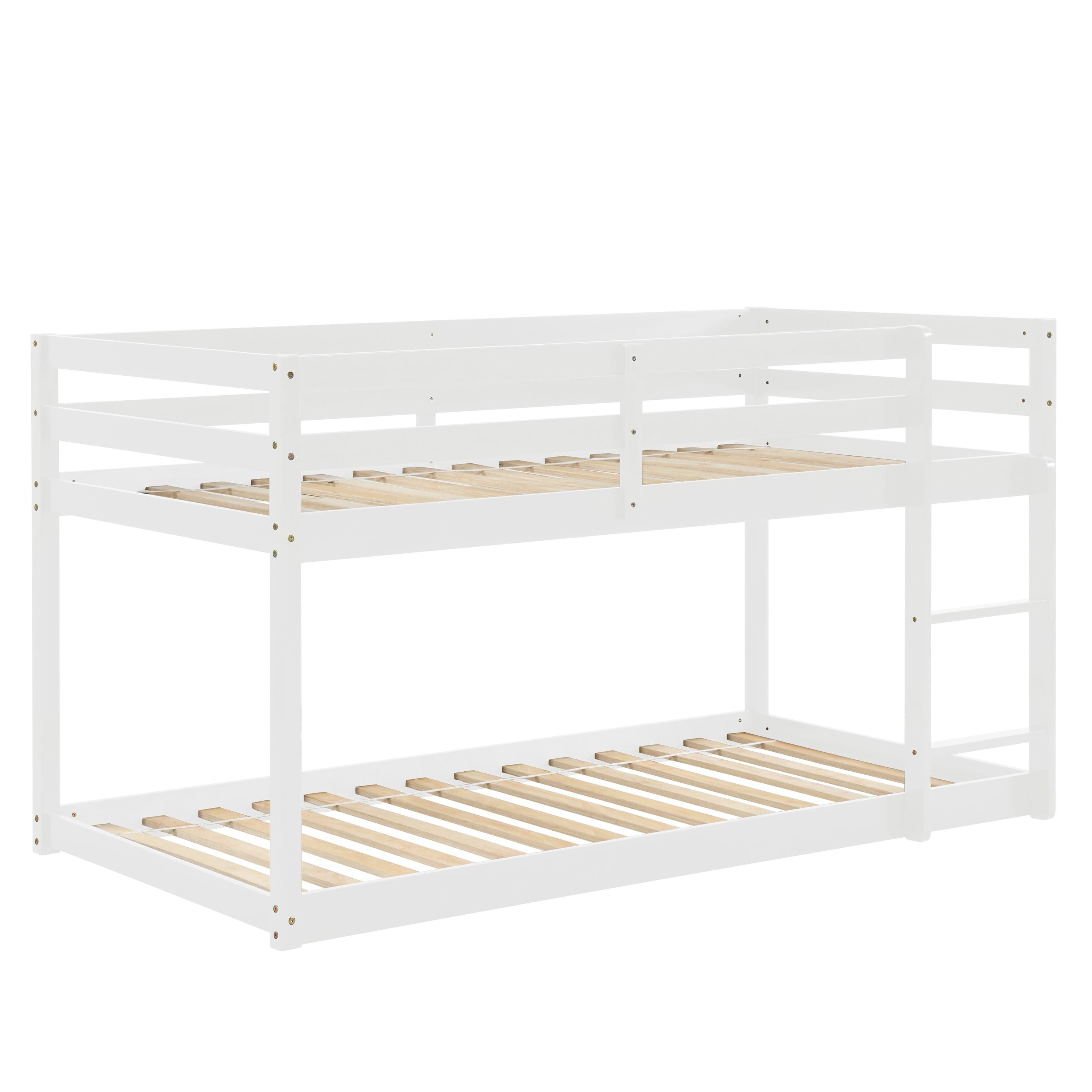 Twin over Twin Floor Bunk Bed with Ladder - White