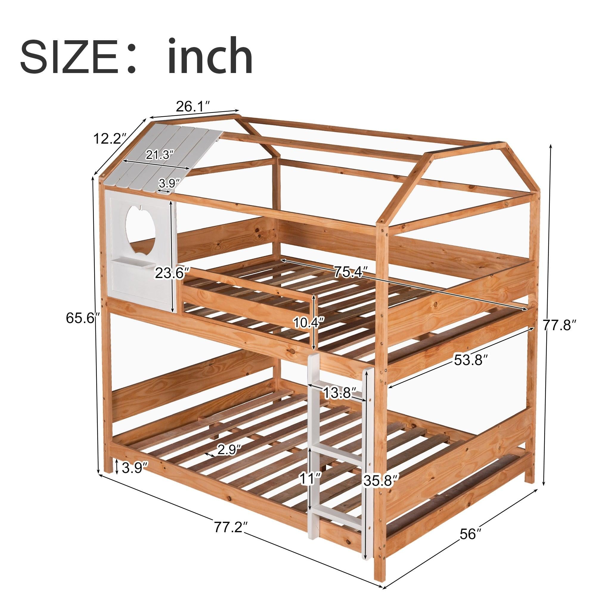 Full over Full House Shaped Bunk Bed with Window and Full-Length Guardrail - Natural