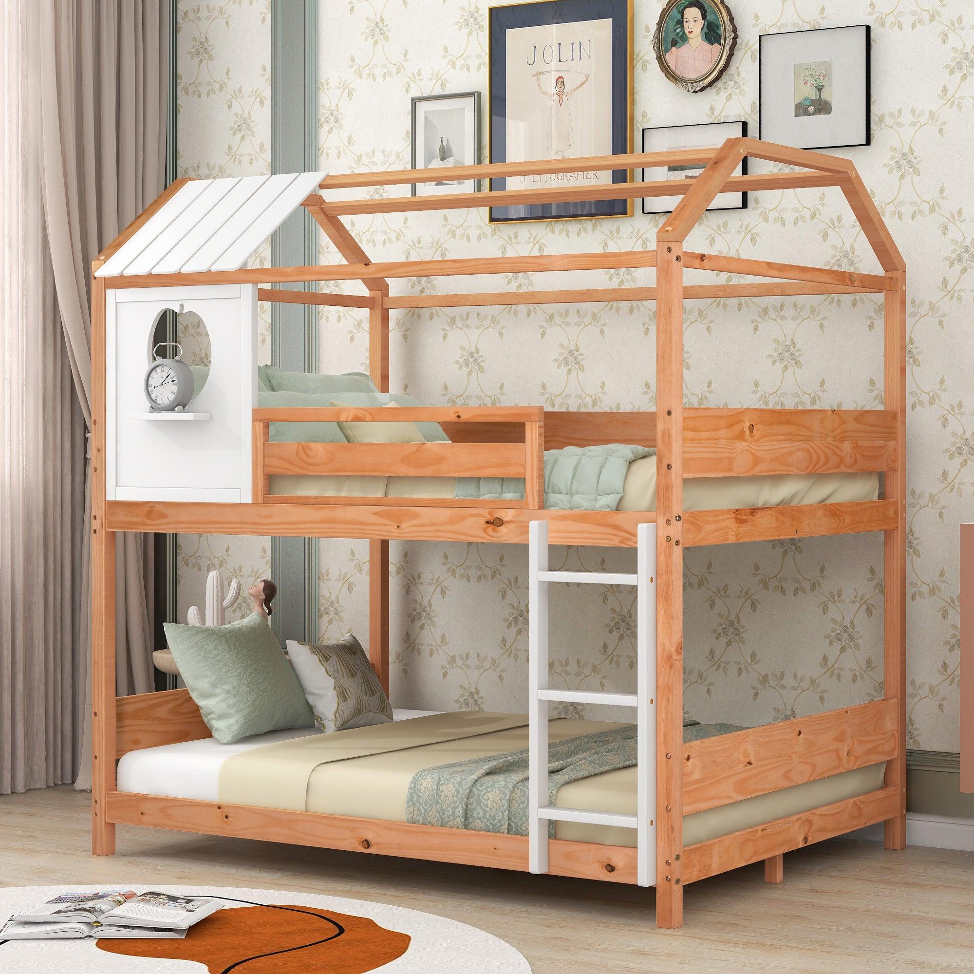 Full over Full House Shaped Bunk Bed with Window and Full-Length Guardrail - Natural image