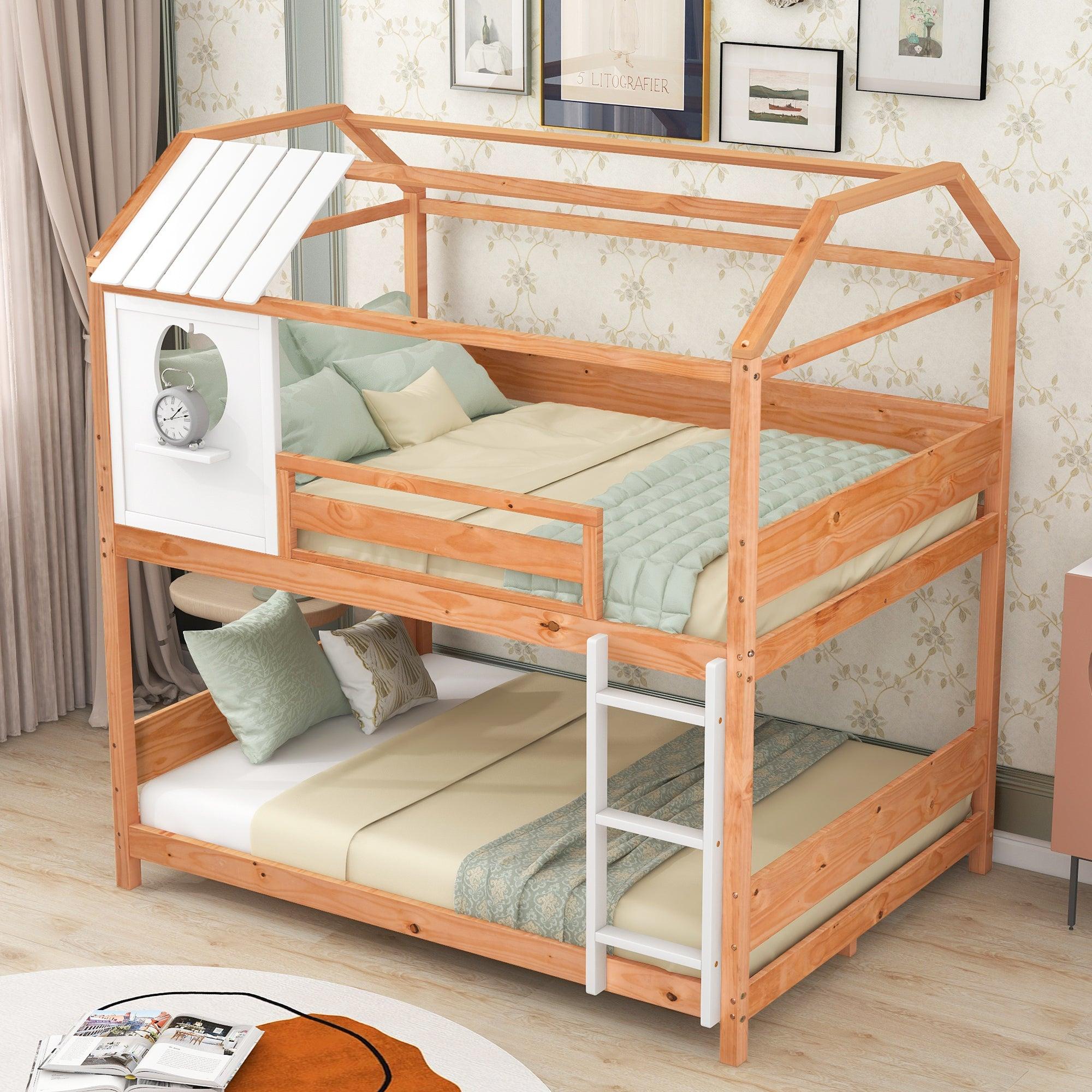 Full over Full House Shaped Bunk Bed with Window and Full-Length Guardrail - Natural