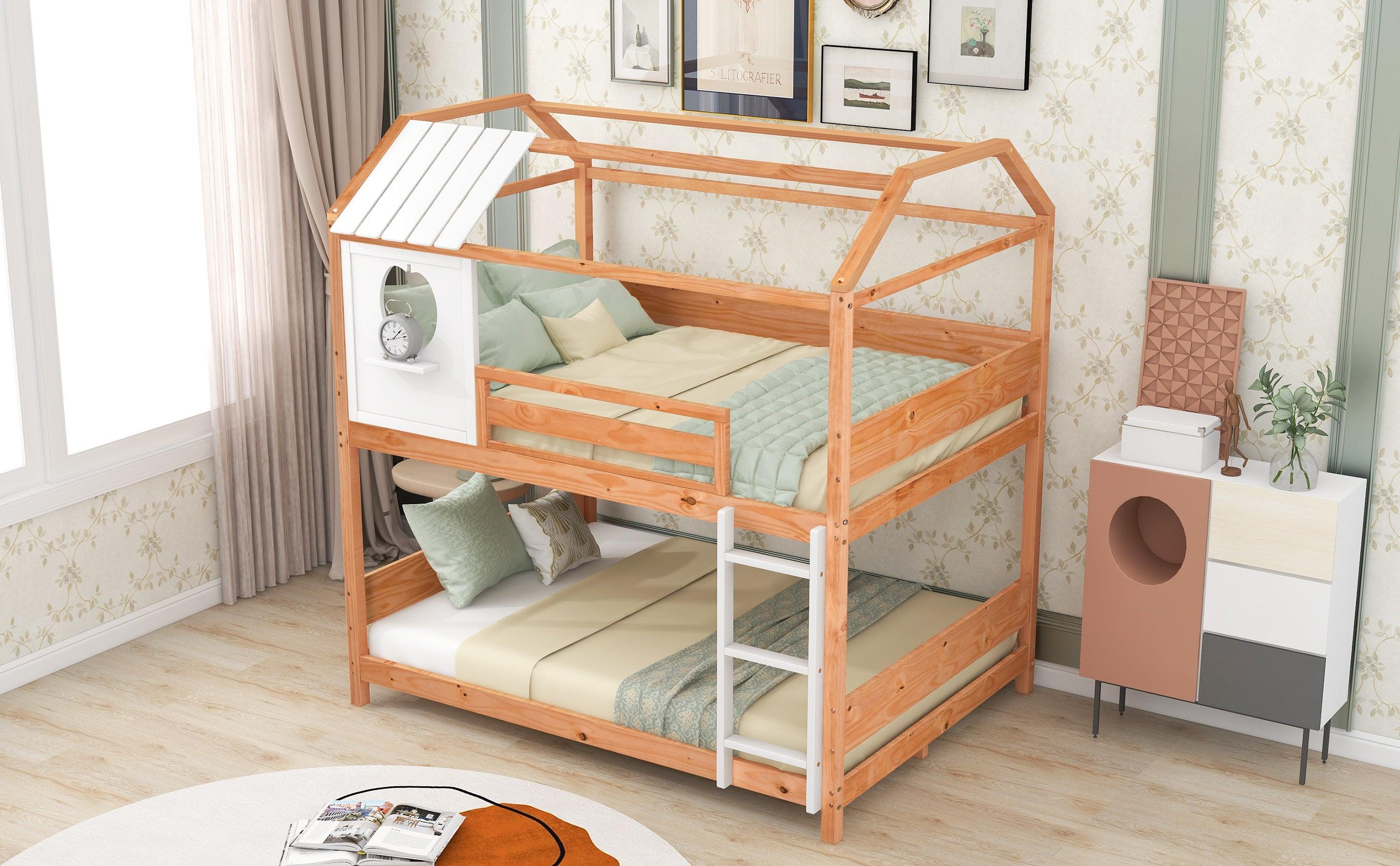 Full over Full House Shaped Bunk Bed with Window and Full-Length Guardrail - Natural