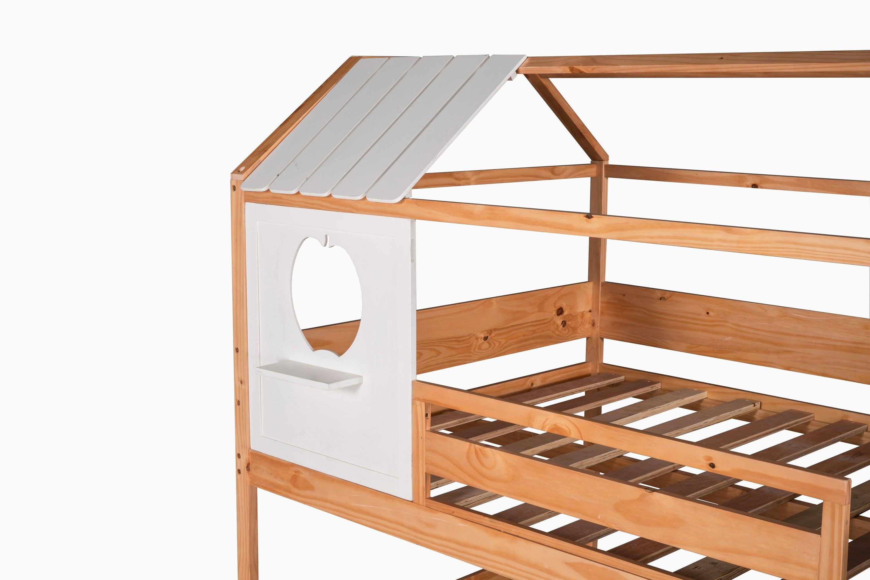 Full over Full House Shaped Bunk Bed with Window and Full-Length Guardrail - Natural