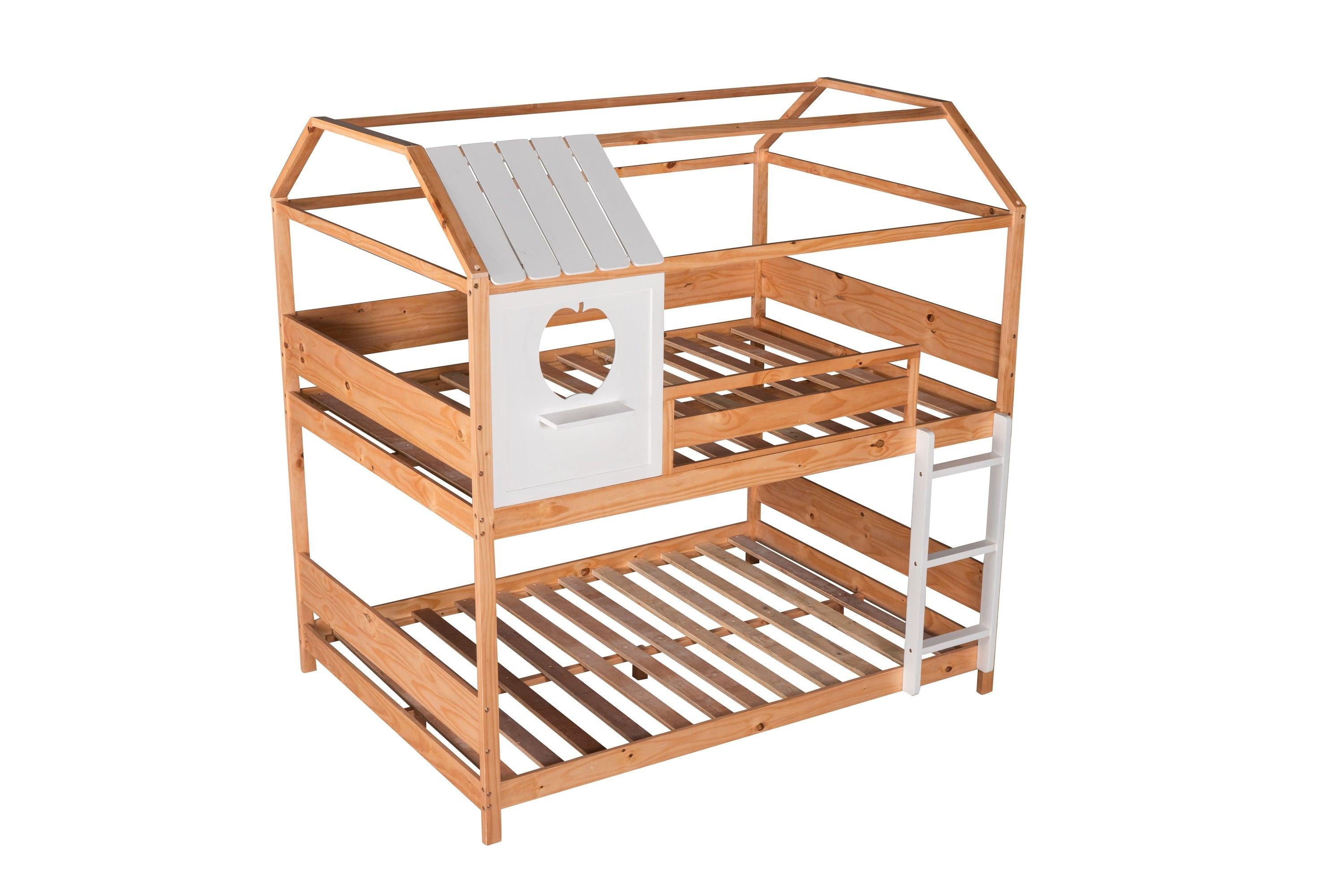 Full over Full House Shaped Bunk Bed with Window and Full-Length Guardrail - Natural