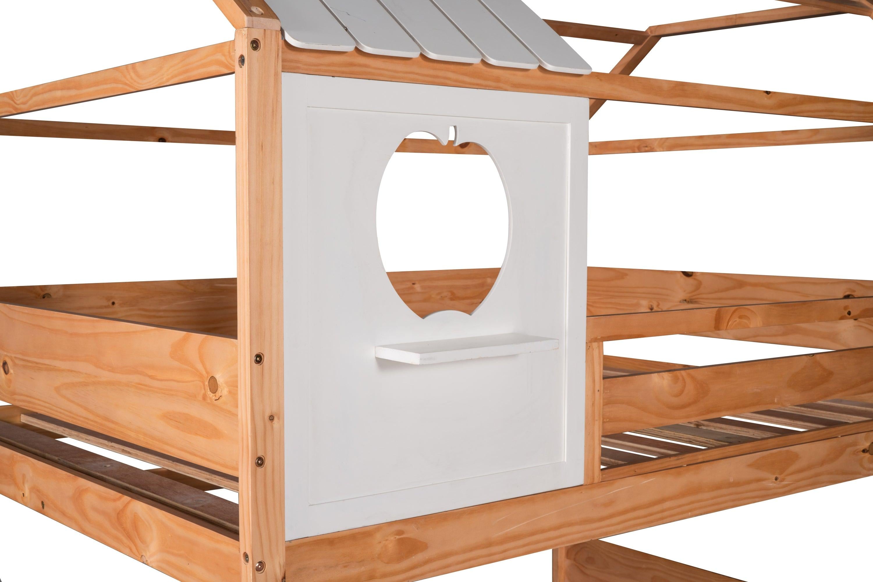 Full over Full House Shaped Bunk Bed with Window and Full-Length Guardrail - Natural