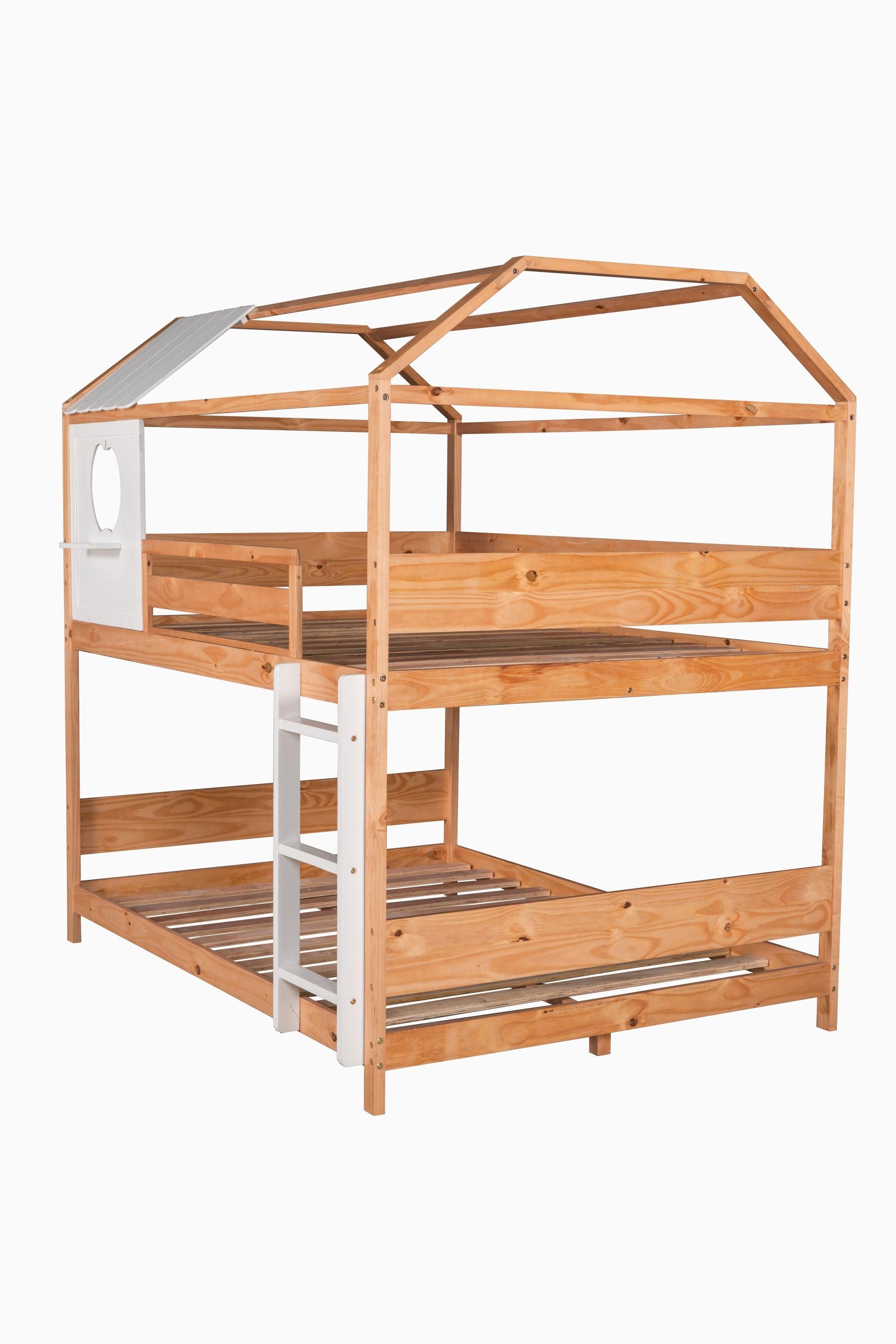 Full over Full House Shaped Bunk Bed with Window and Full-Length Guardrail - Natural