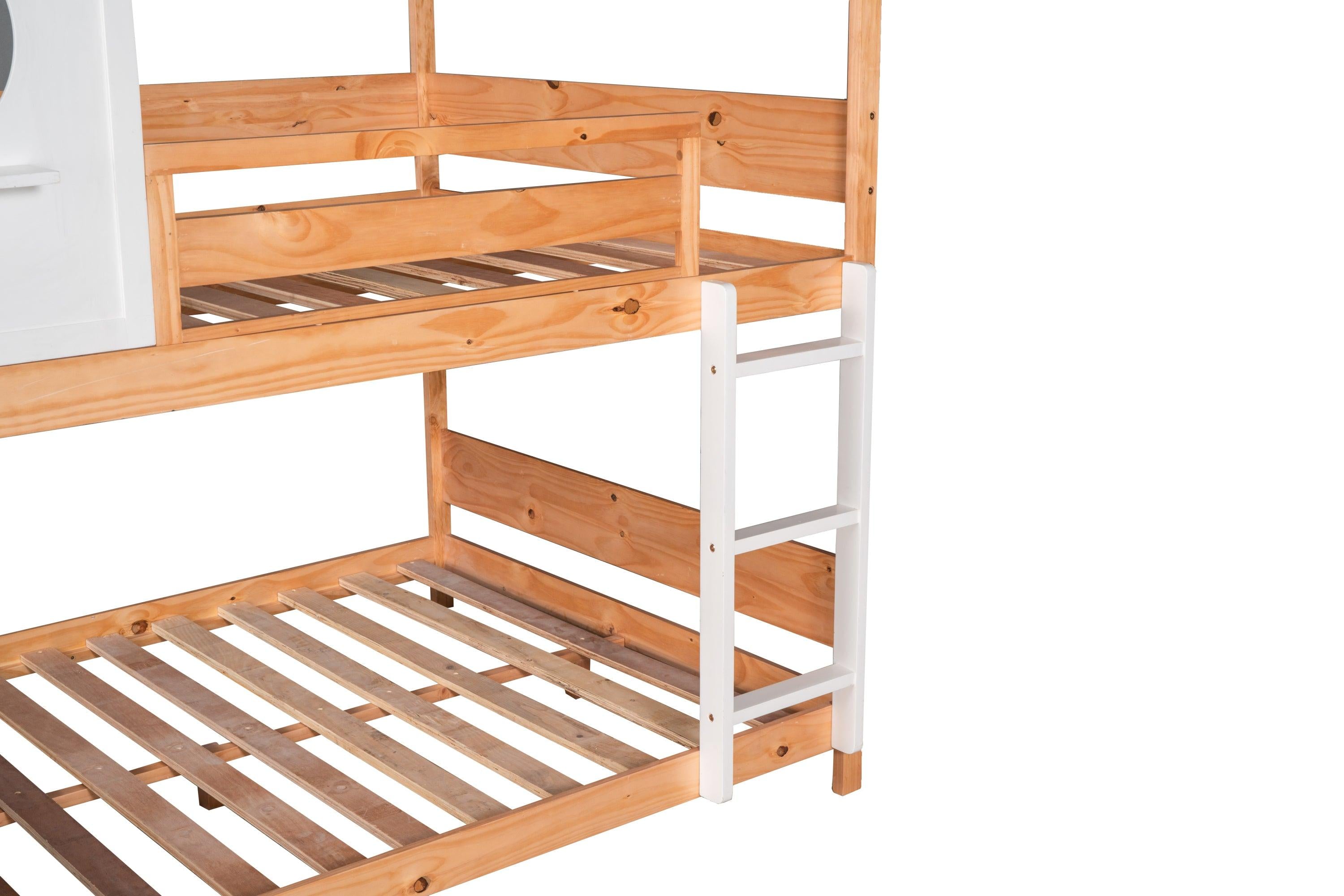 Full over Full House Shaped Bunk Bed with Window and Full-Length Guardrail - Natural