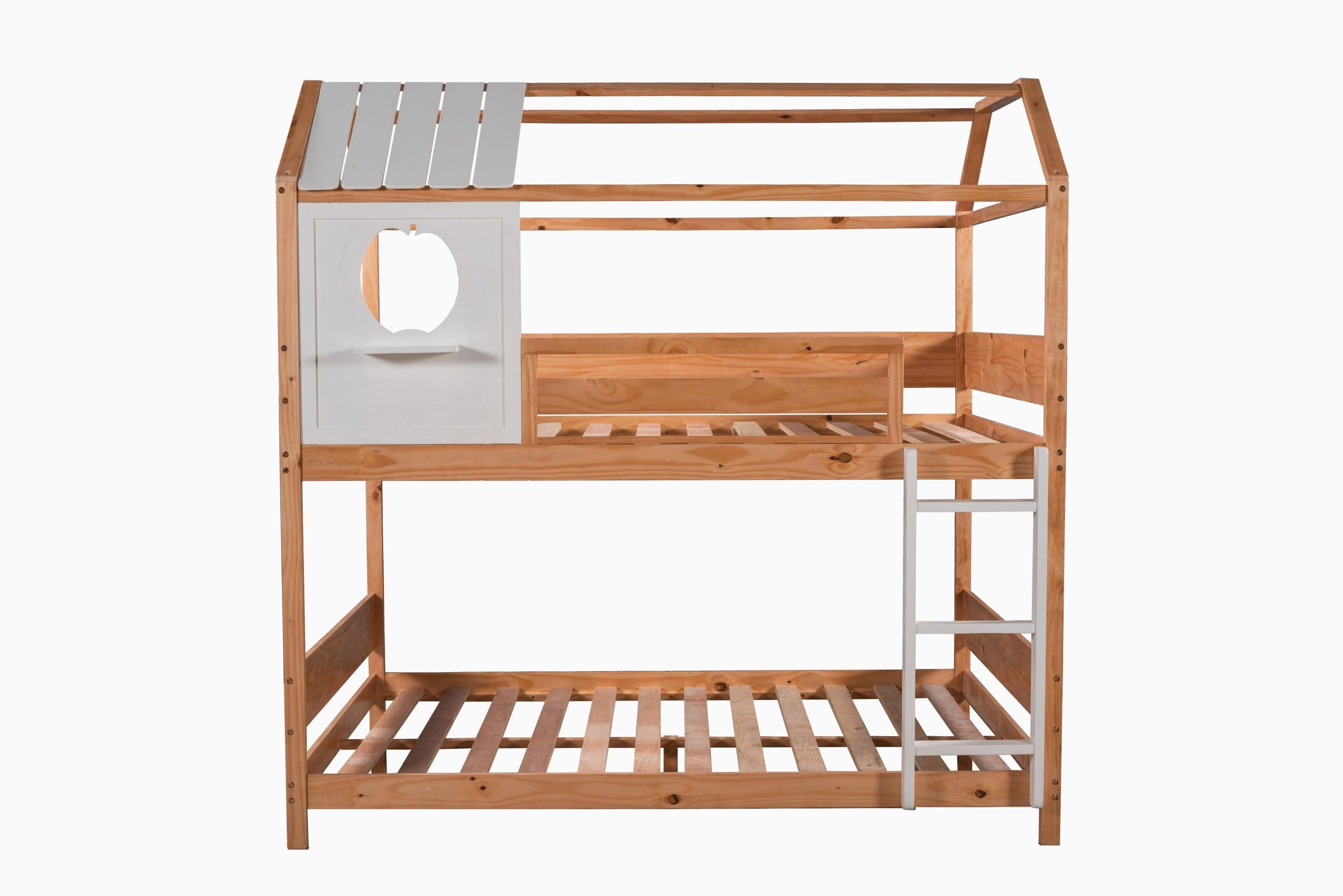 Full over Full House Shaped Bunk Bed with Window and Full-Length Guardrail - Natural