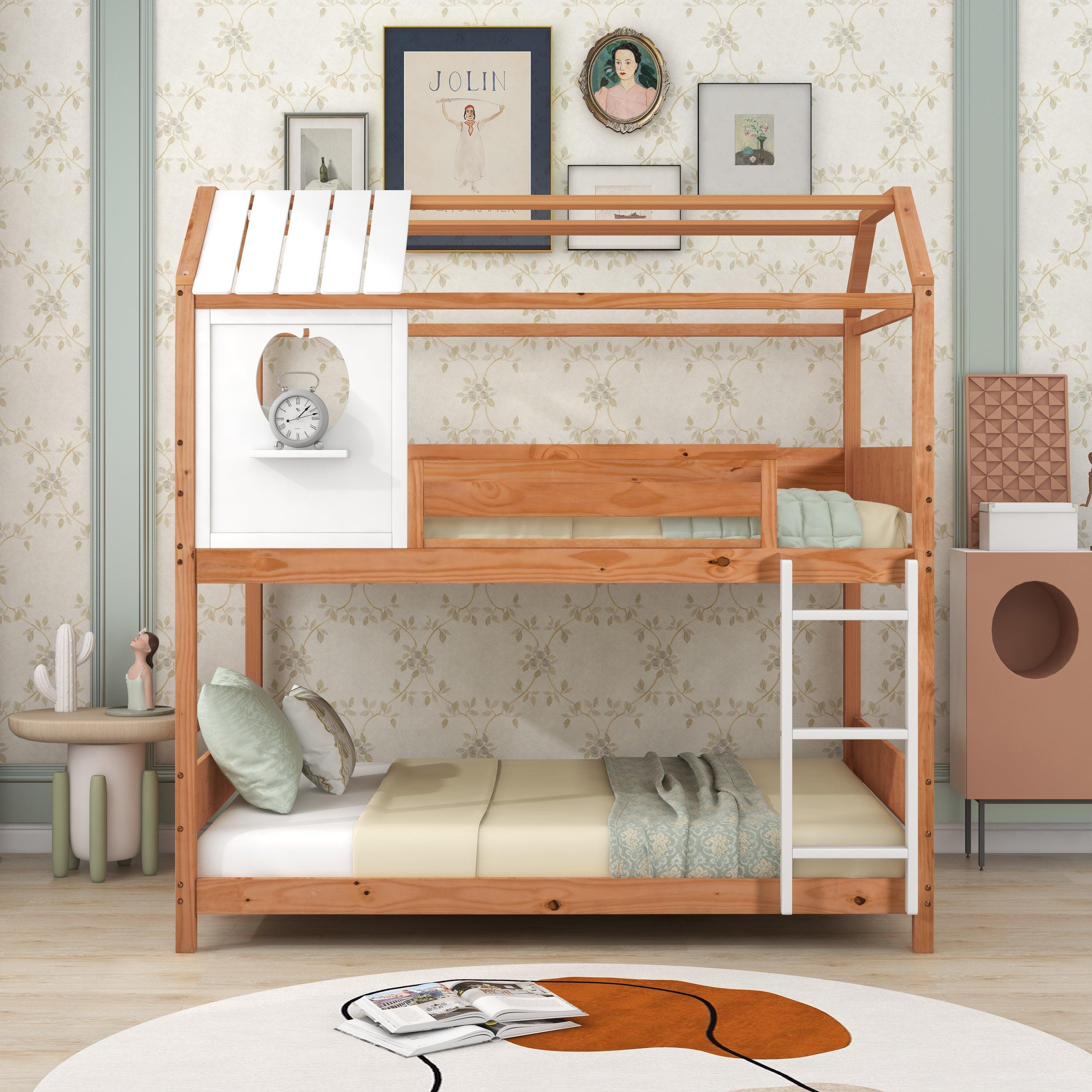 Full over Full House Shaped Bunk Bed with Window and Full-Length Guardrail - Natural