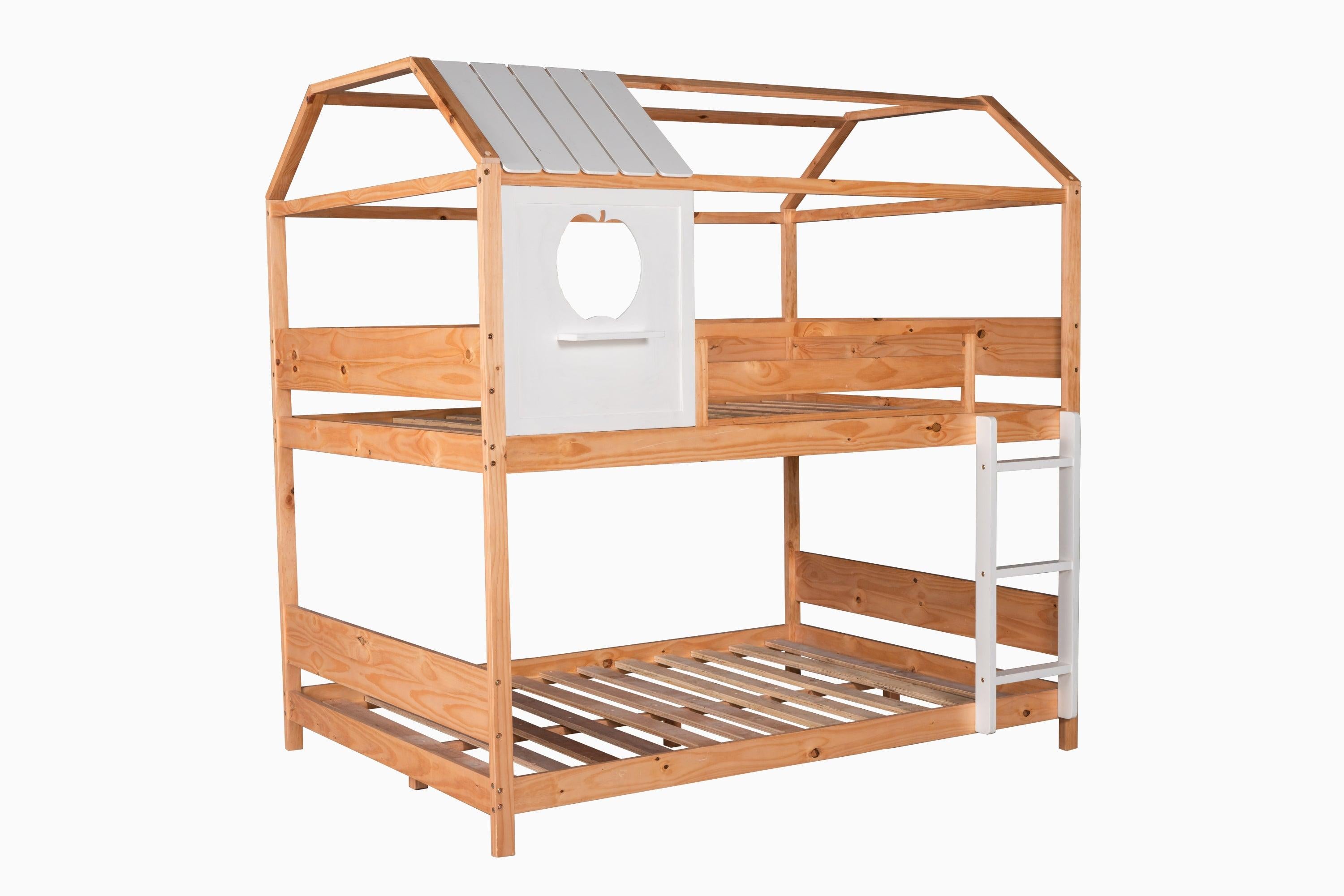 Full over Full House Shaped Bunk Bed with Window and Full-Length Guardrail - Natural