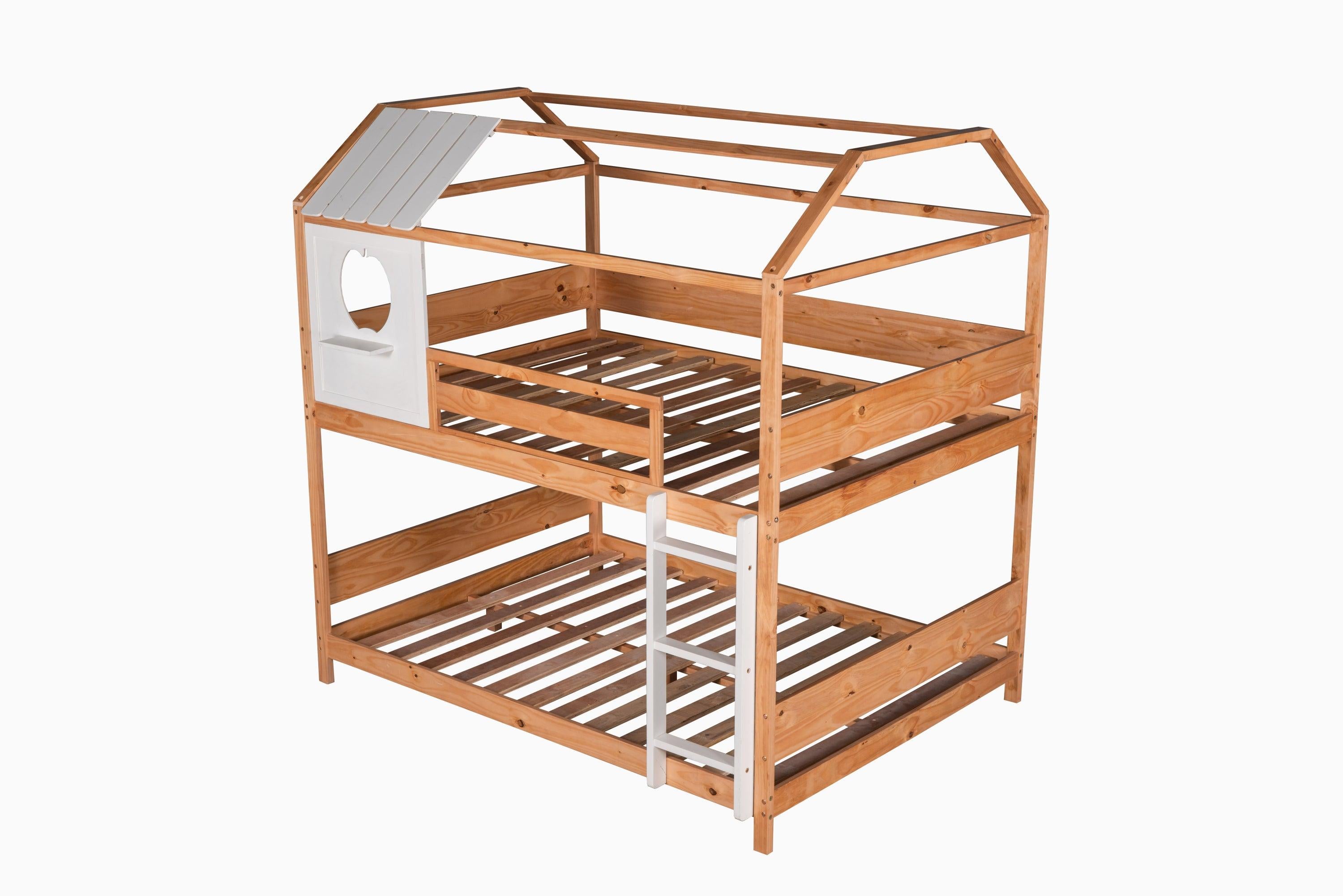 Full over Full House Shaped Bunk Bed with Window and Full-Length Guardrail - Natural