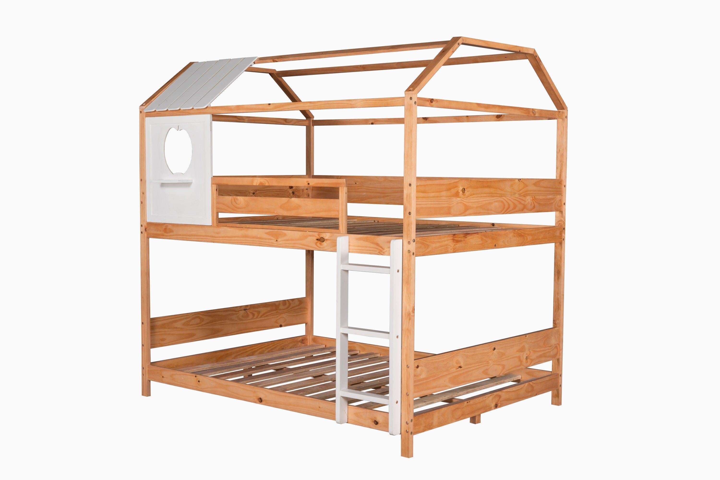 Full over Full House Shaped Bunk Bed with Window and Full-Length Guardrail - Natural