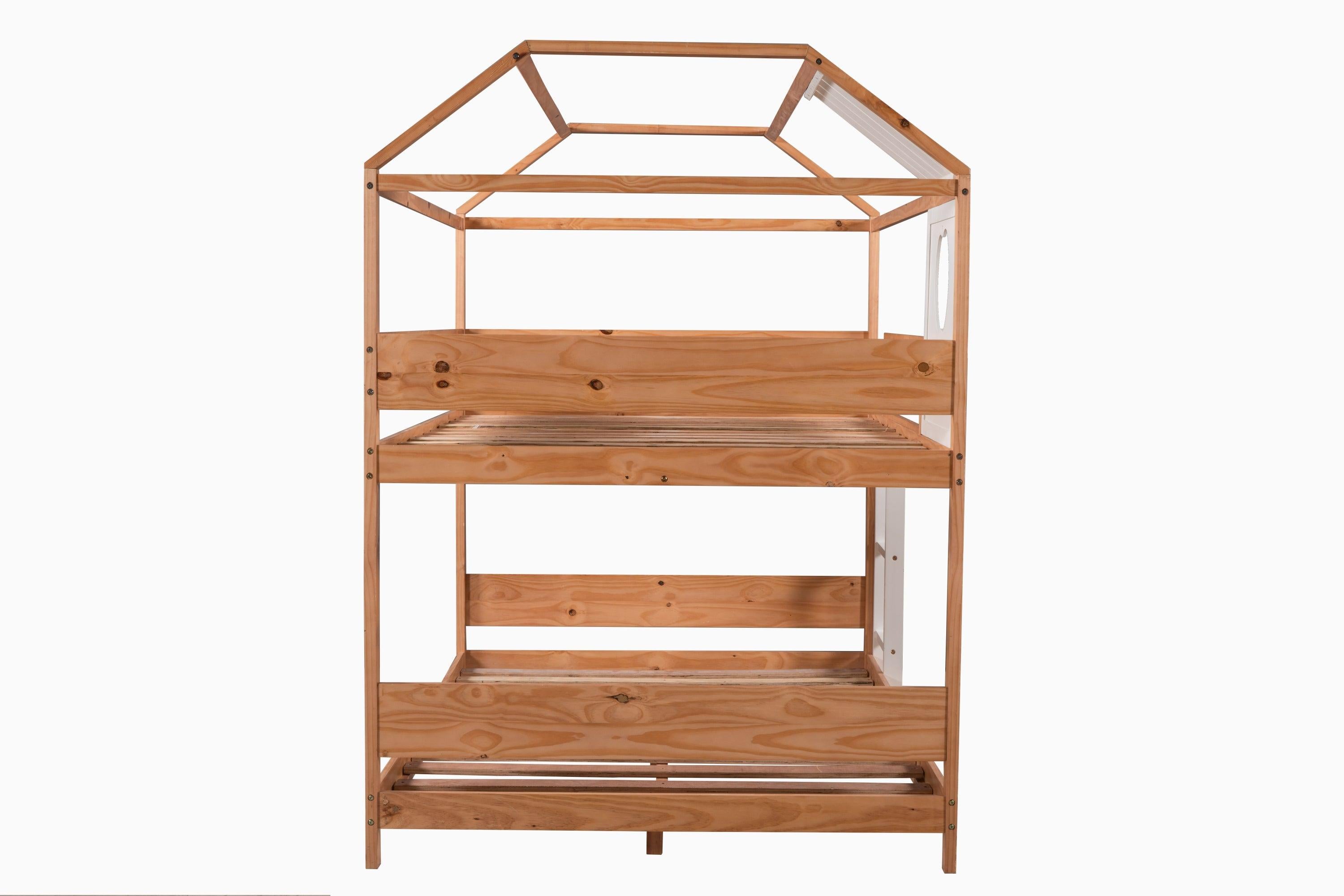 Full over Full House Shaped Bunk Bed with Window and Full-Length Guardrail - Natural