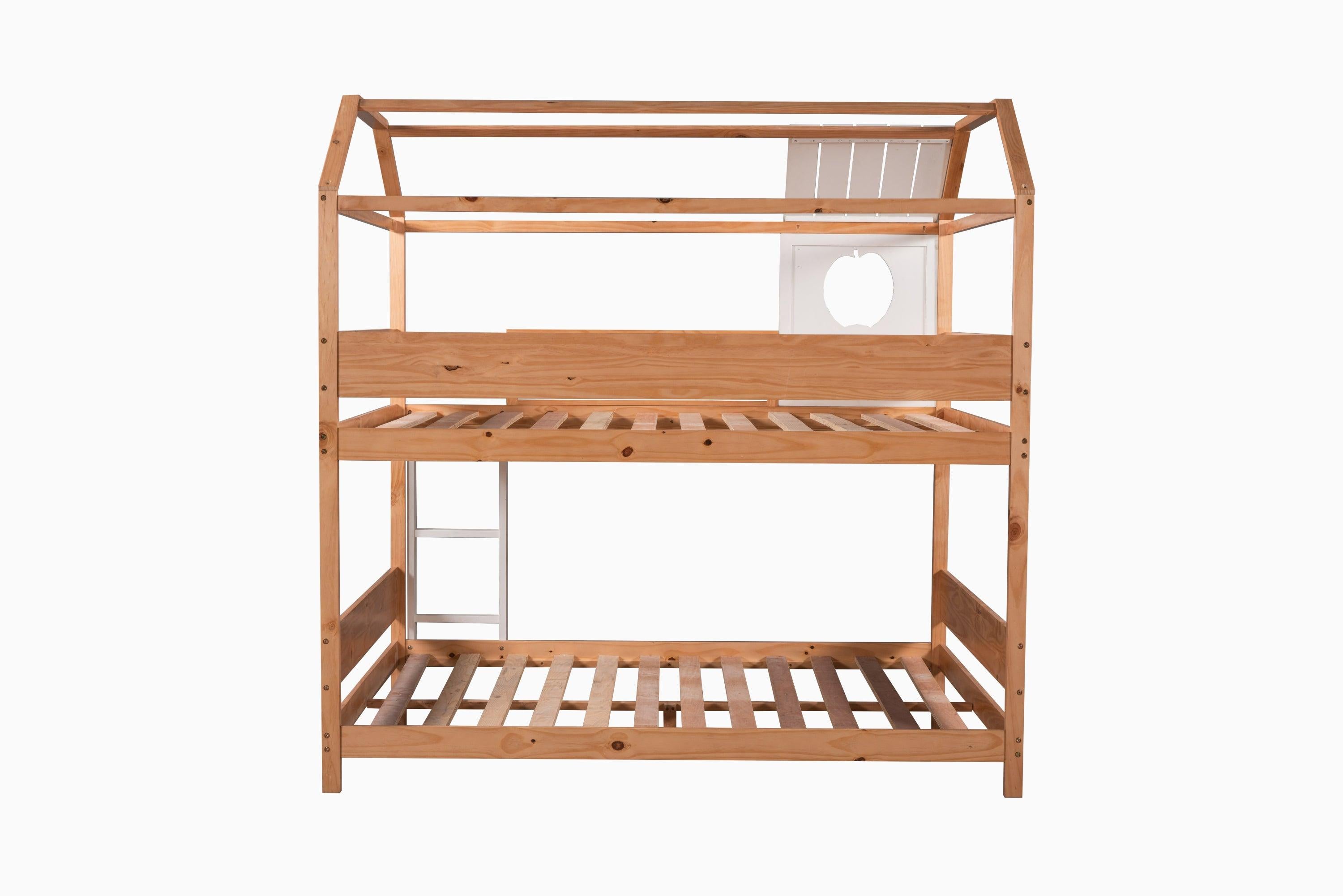 Full over Full House Shaped Bunk Bed with Window and Full-Length Guardrail - Natural