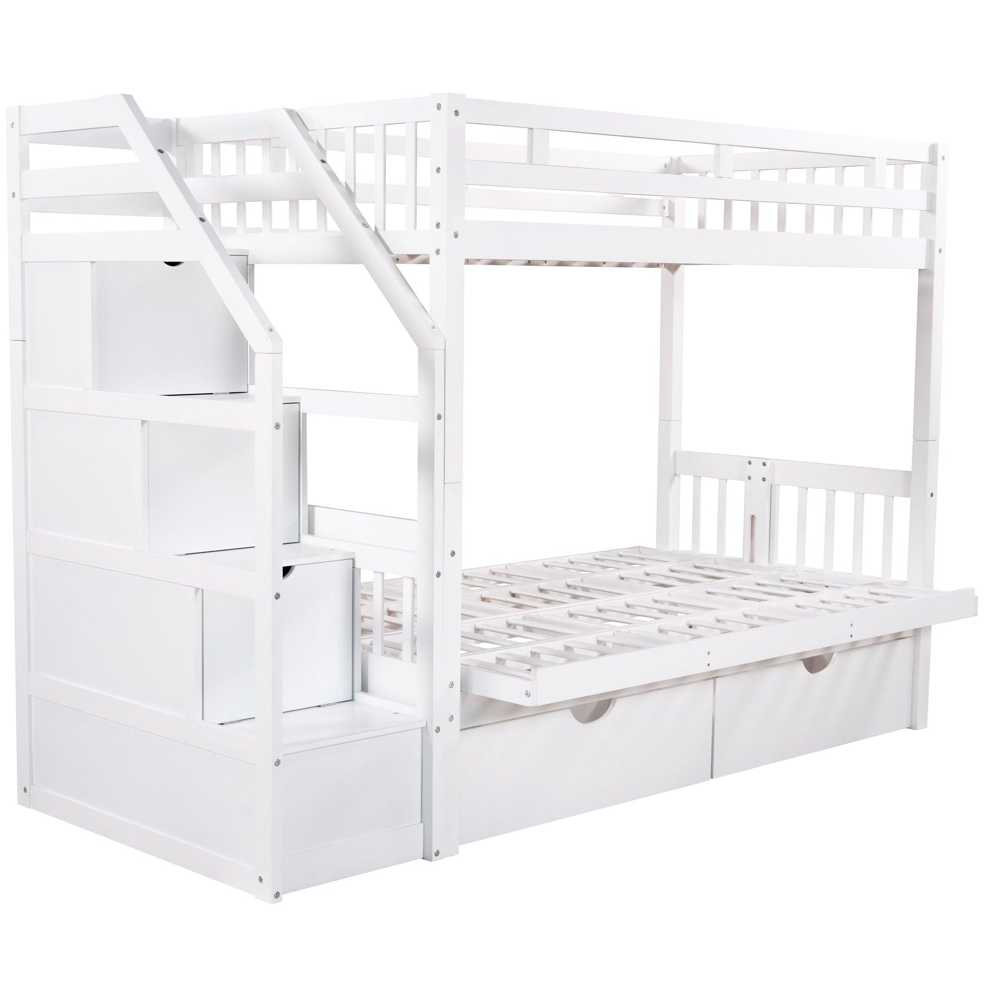 Twin over Full Convertible Bunk Bed withStorage Staircase and Drawers - White