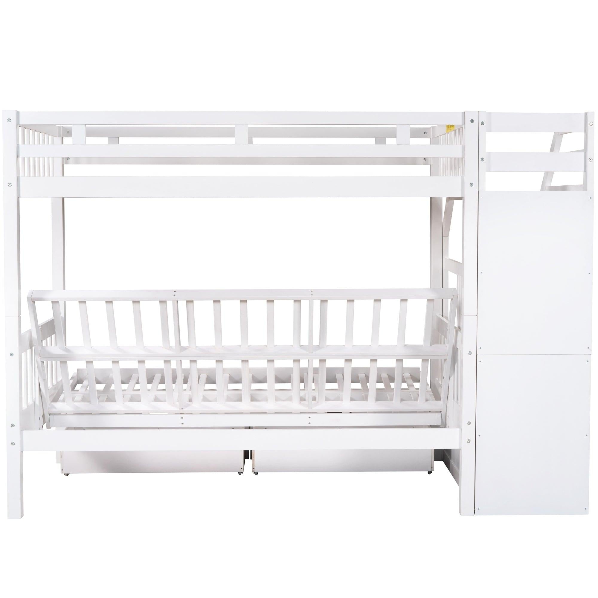 Twin over Full Convertible Bunk Bed withStorage Staircase and Drawers - White