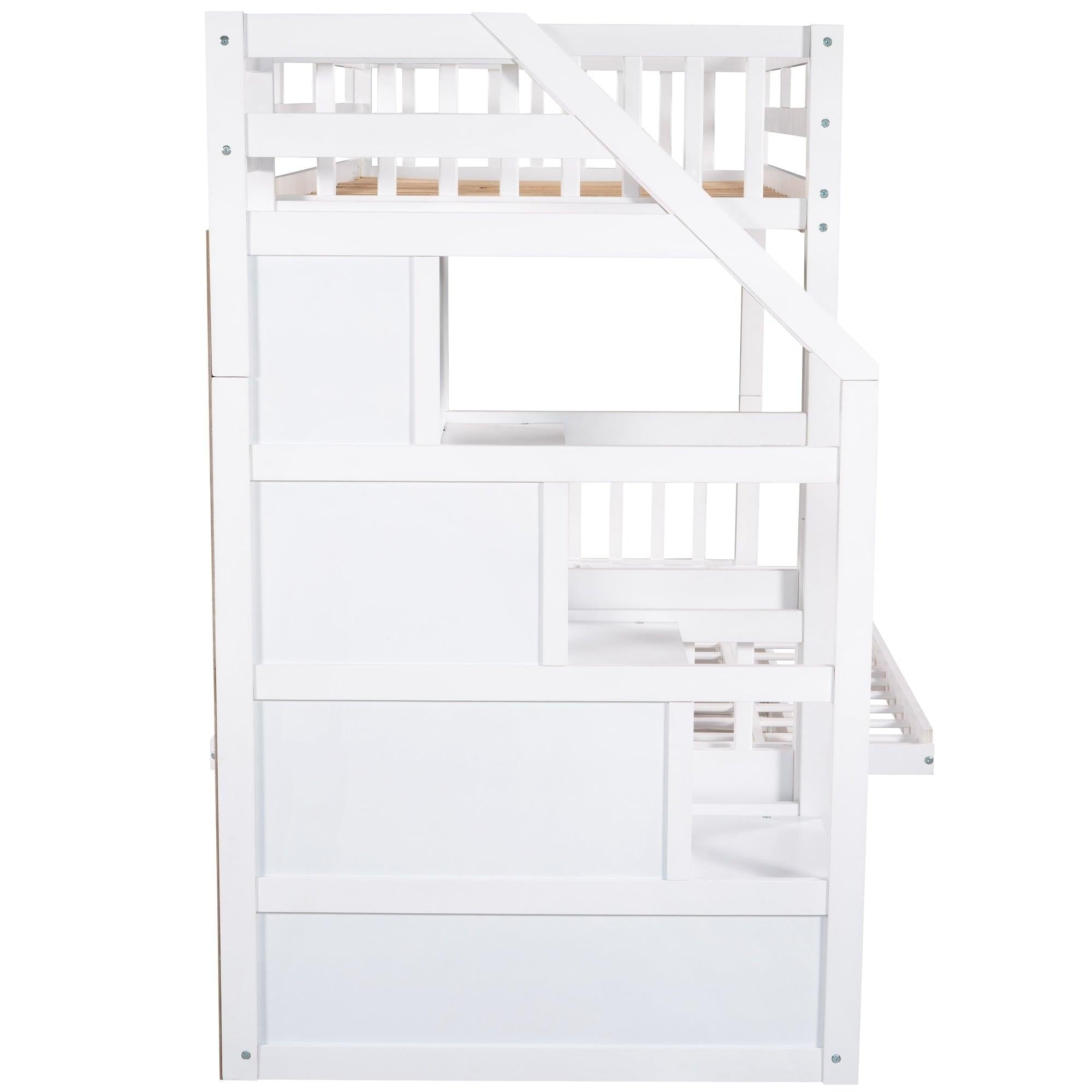 Twin over Full Convertible Bunk Bed withStorage Staircase and Drawers - White