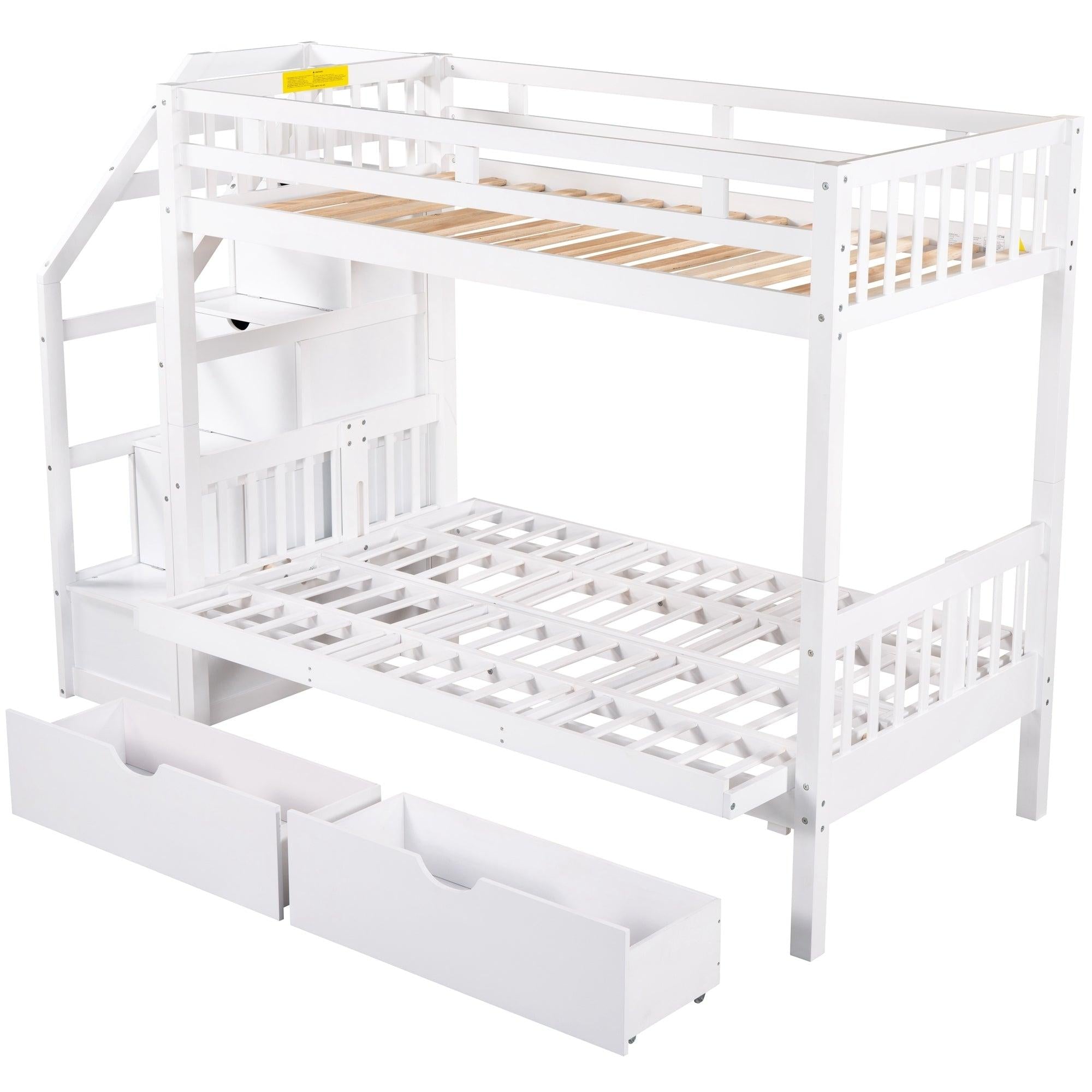 Twin over Full Convertible Bunk Bed withStorage Staircase and Drawers - White