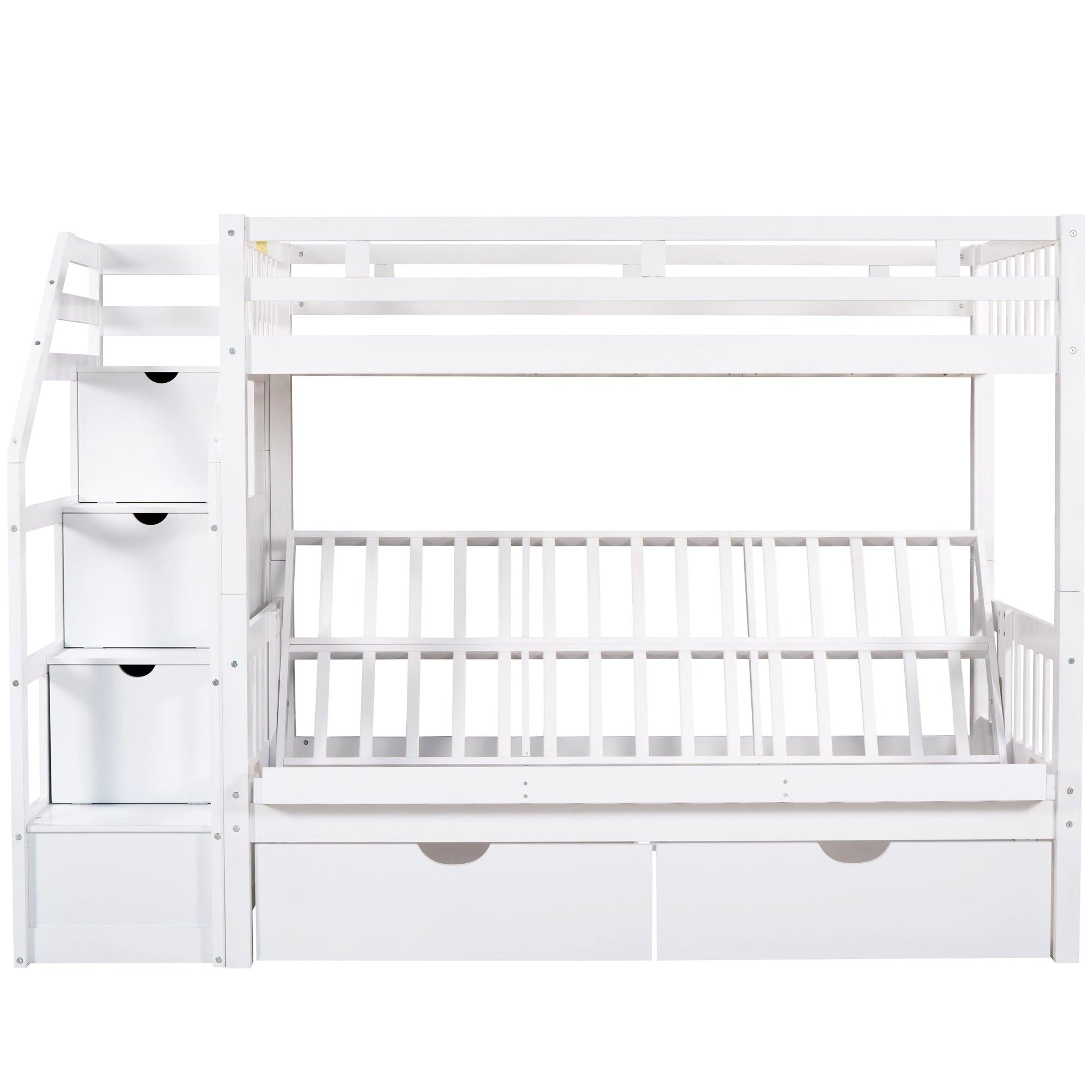 Twin over Full Convertible Bunk Bed withStorage Staircase and Drawers - White