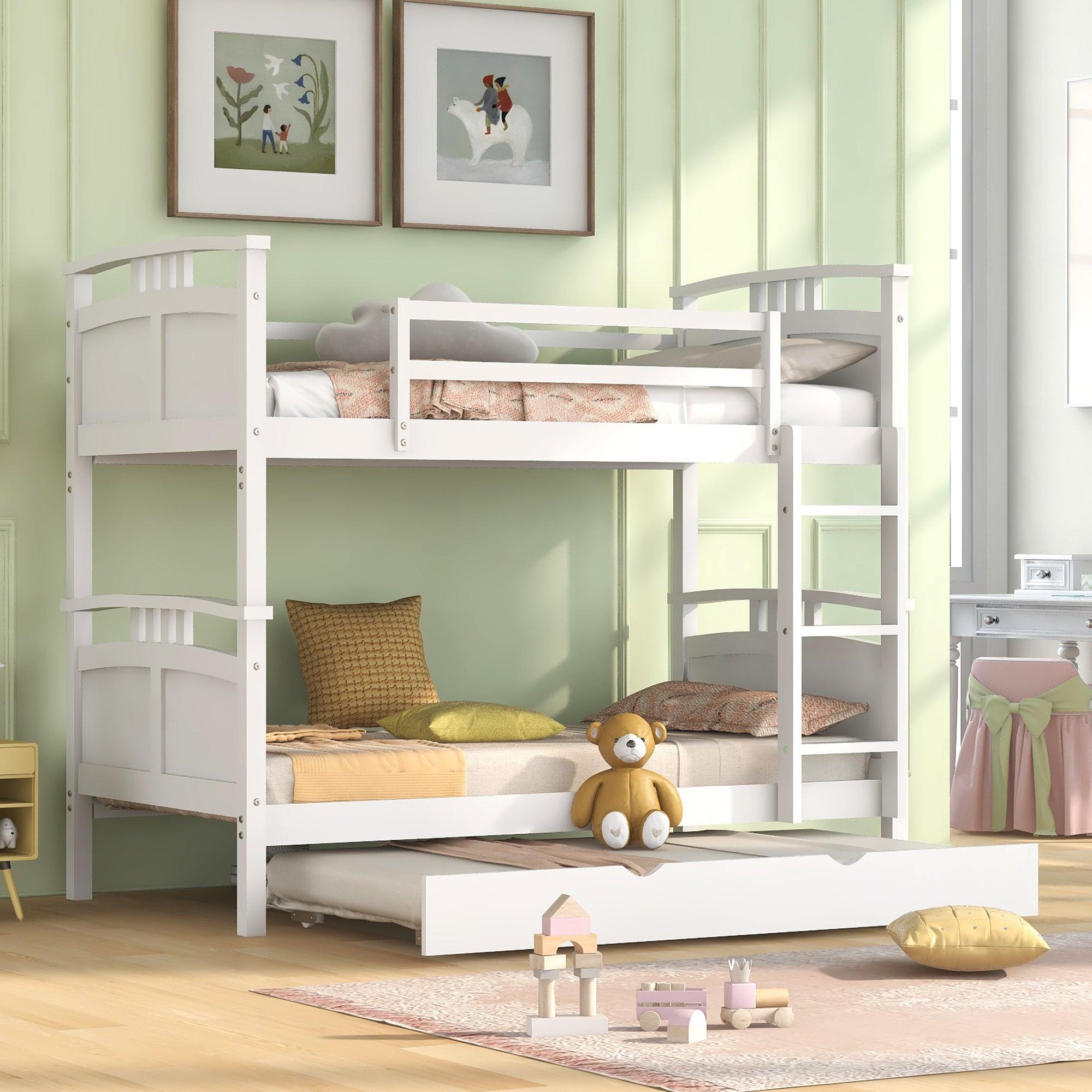 Twin Over Twin Convertible Bunk Bed with Twin Size Trundle and Ladder - White image