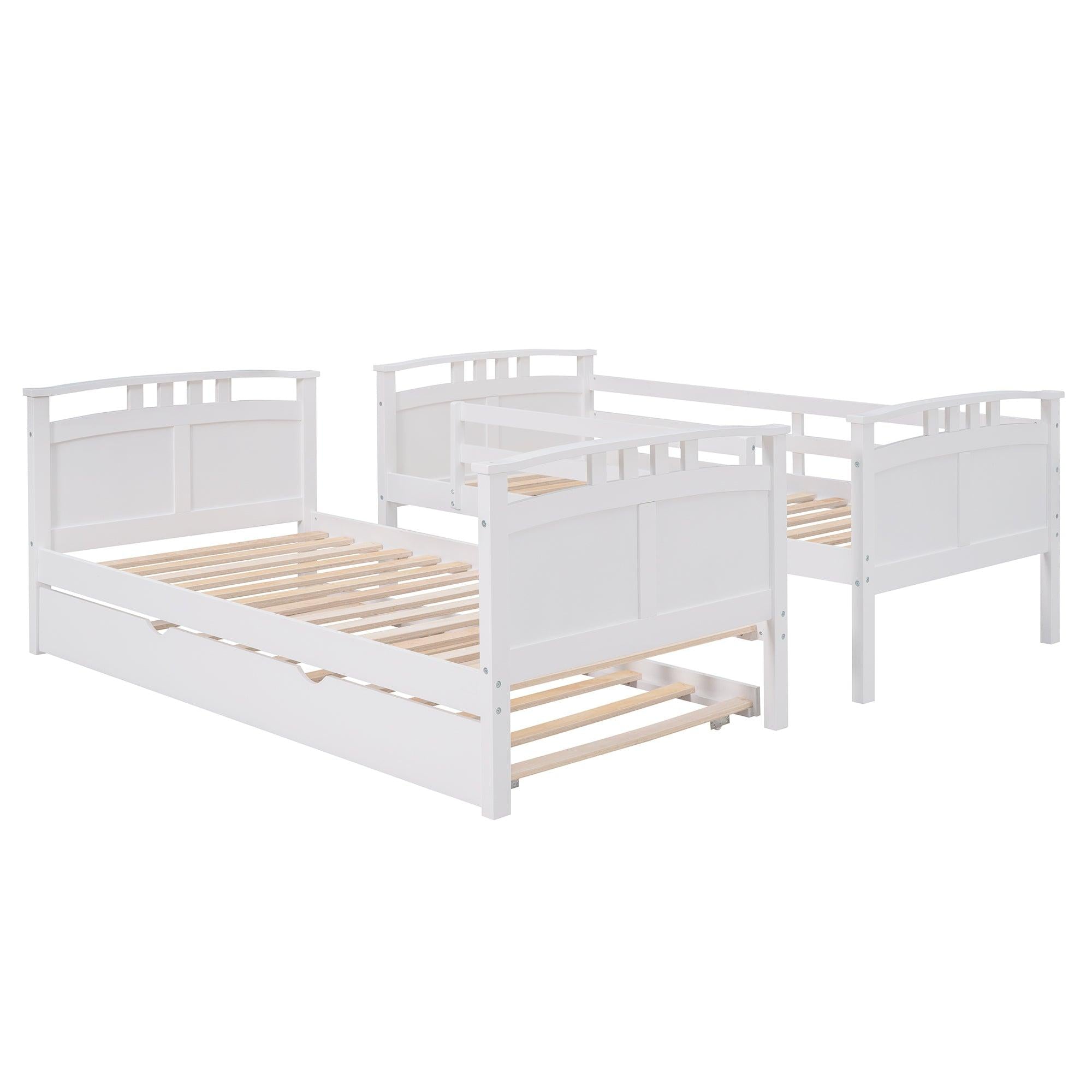 Twin Over Twin Convertible Bunk Bed with Twin Size Trundle and Ladder - White