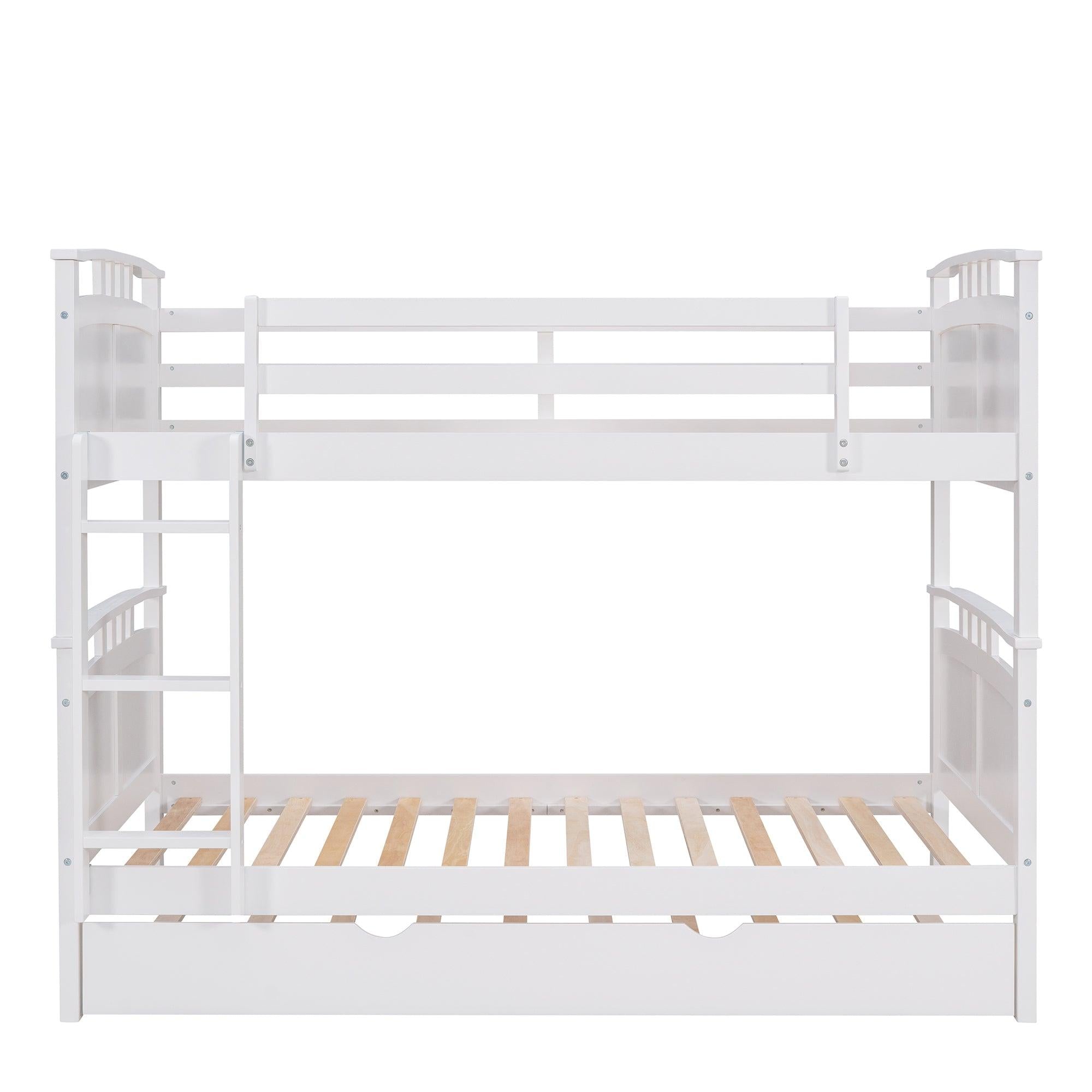 Twin Over Twin Convertible Bunk Bed with Twin Size Trundle and Ladder - White