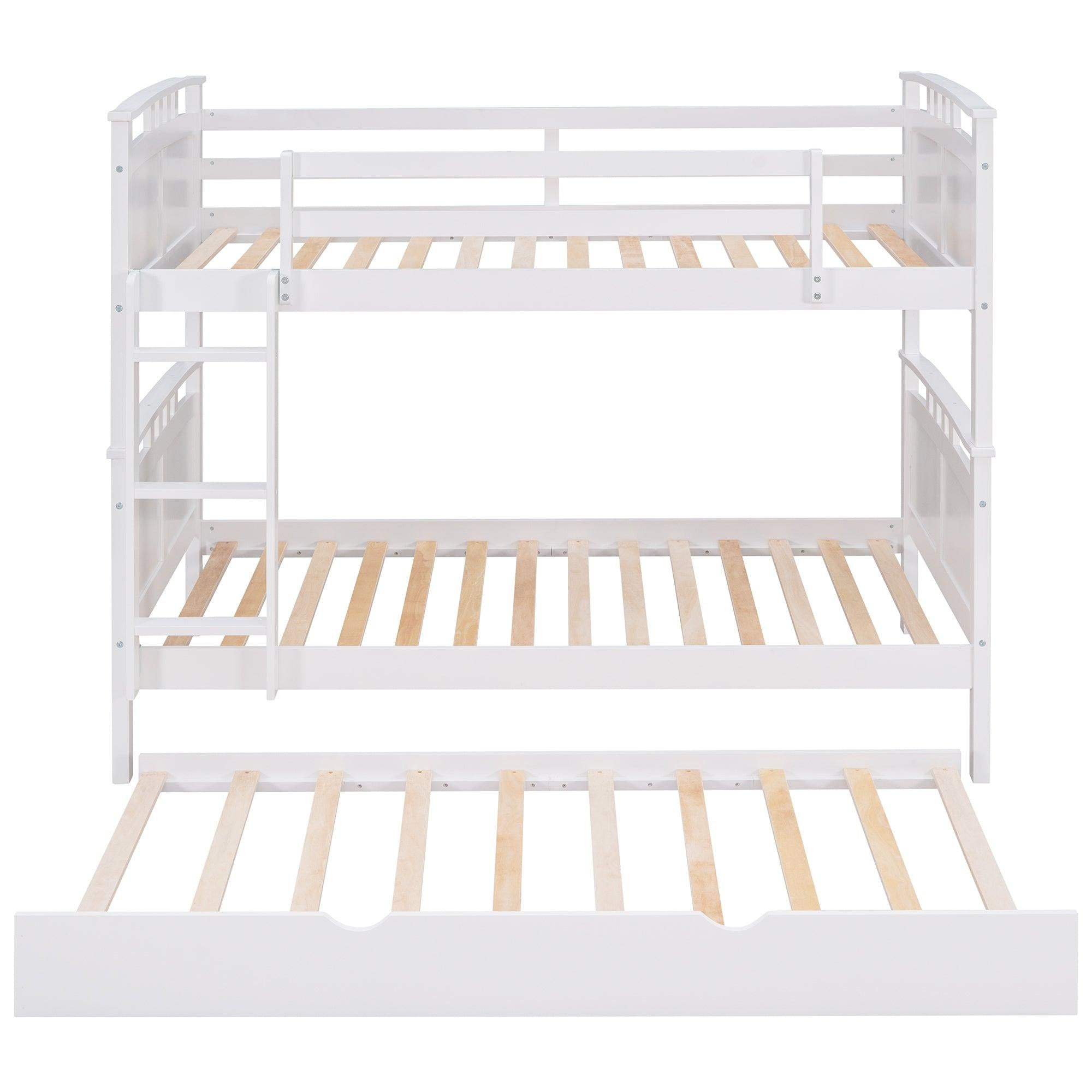 Twin Over Twin Convertible Bunk Bed with Twin Size Trundle and Ladder - White