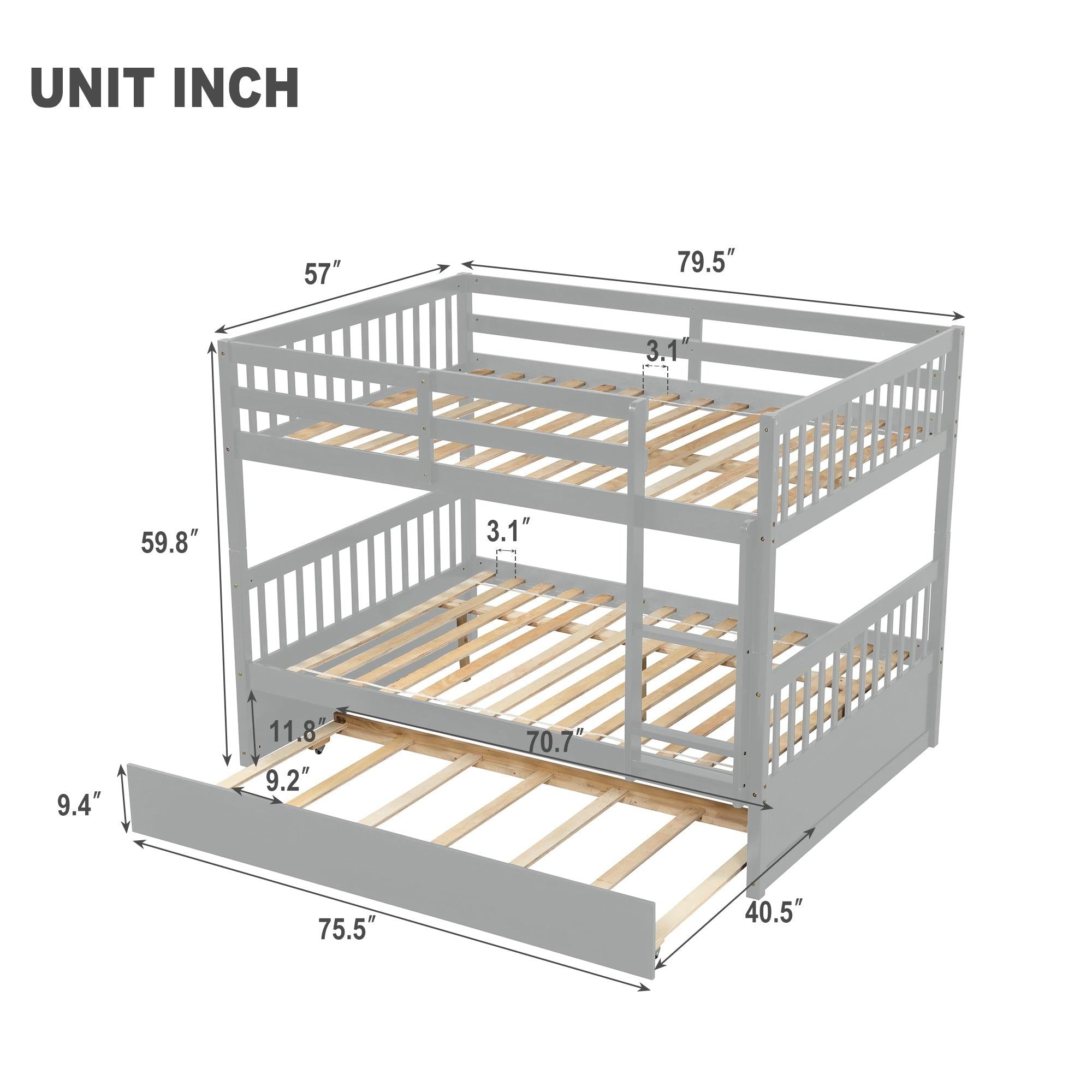 Full Over Full Convertible Bunk Bed with Twin Size Trundle and Safety Rails - Gray