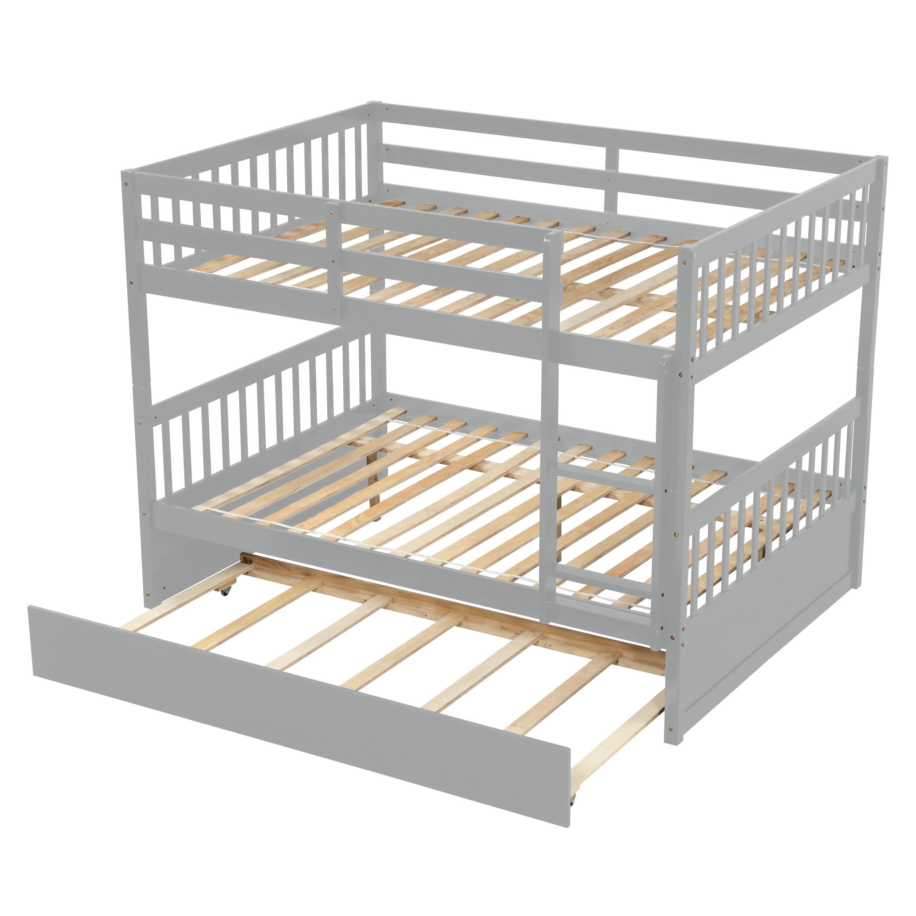 Full Over Full Convertible Bunk Bed with Twin Size Trundle and Safety Rails - Gray