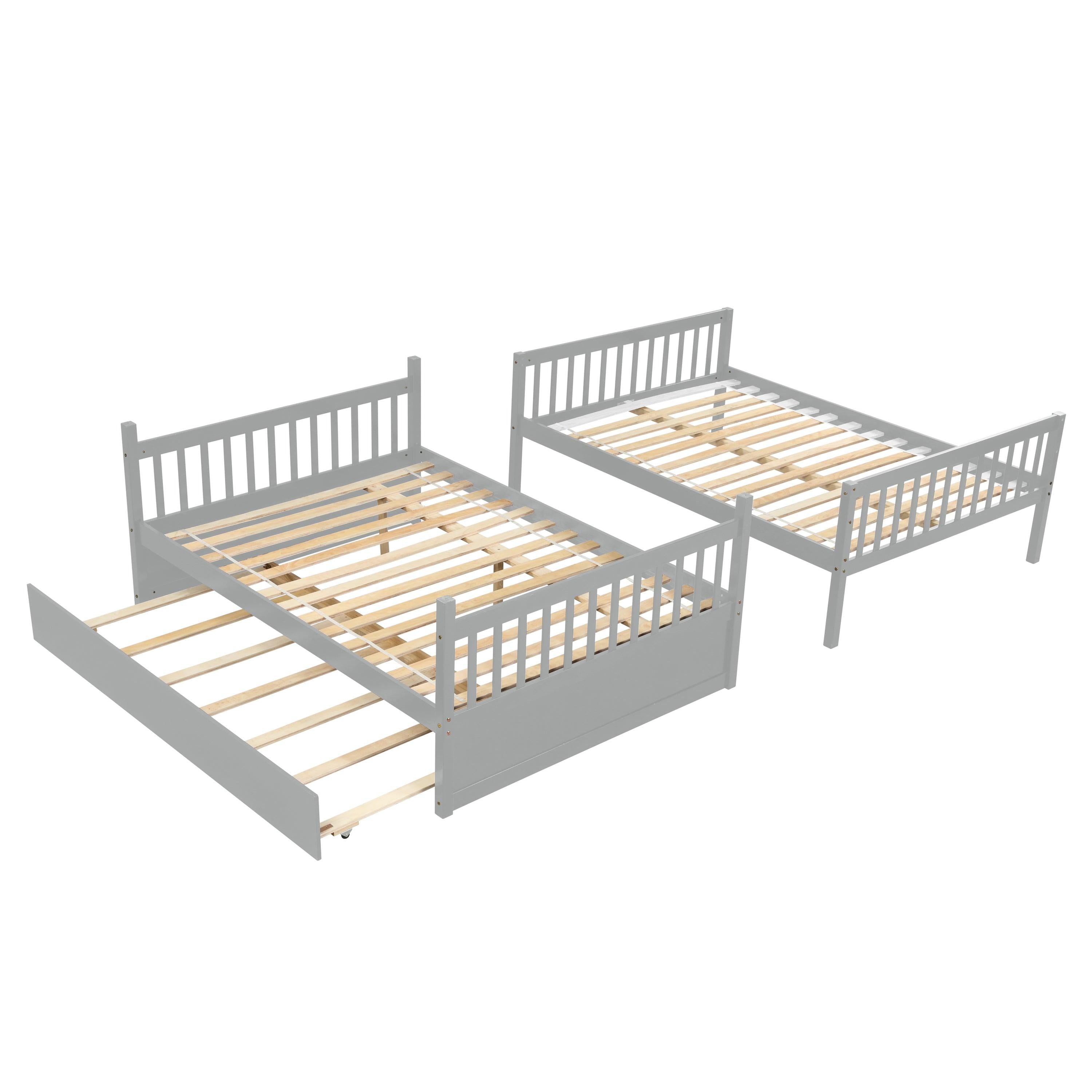 Full Over Full Convertible Bunk Bed with Twin Size Trundle and Safety Rails - Gray