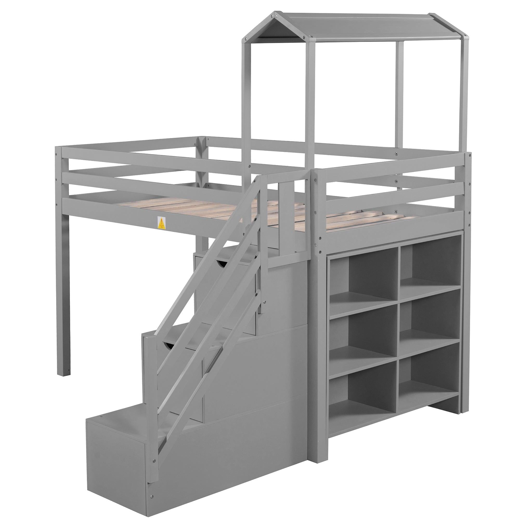 Twin over Full House Roof Bunk Bed with Staircase Drawers and Shelves - Gray