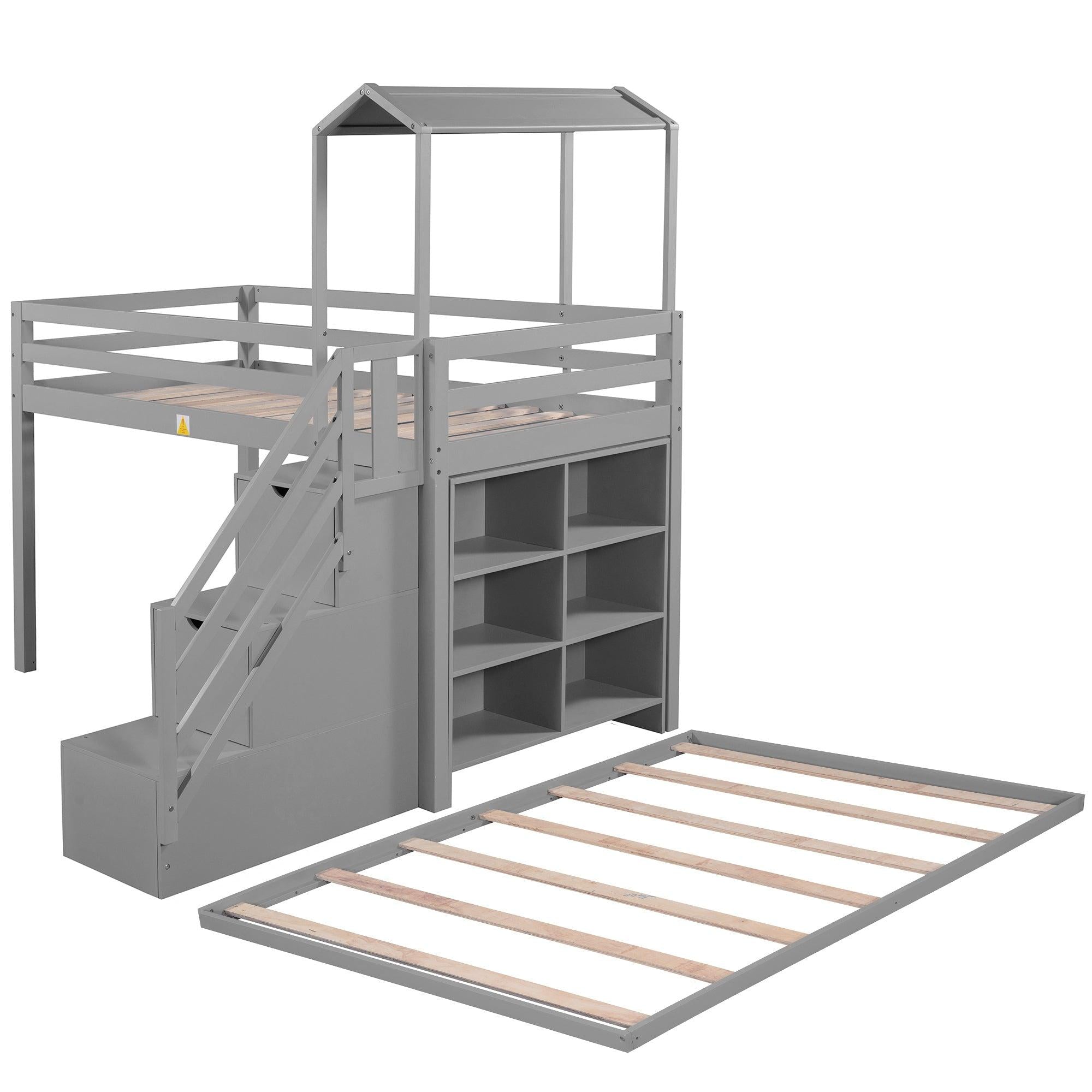 Twin over Full House Roof Bunk Bed with Staircase Drawers and Shelves - Gray