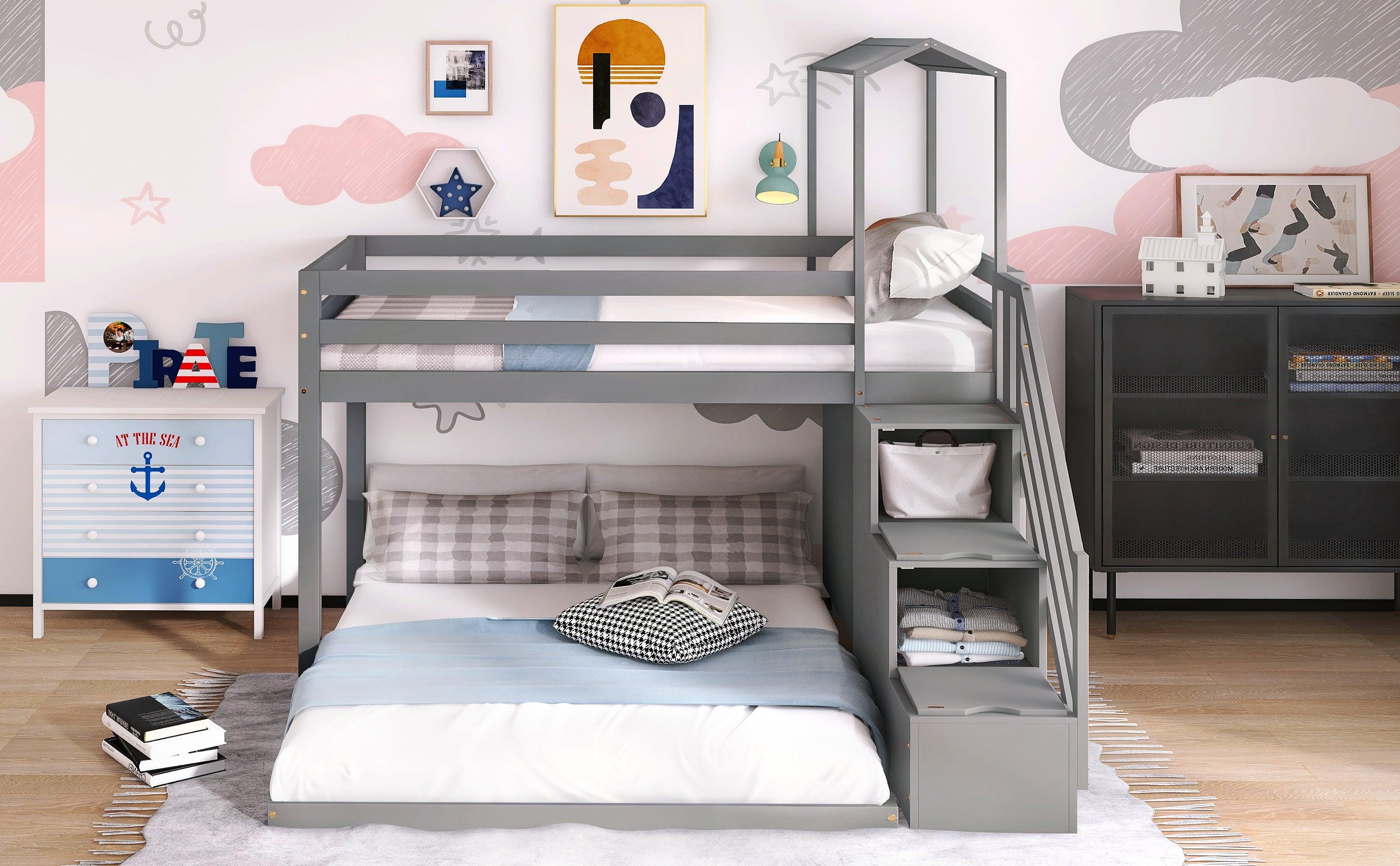 Twin over Full House Roof Bunk Bed with Staircase Drawers and Shelves - Gray