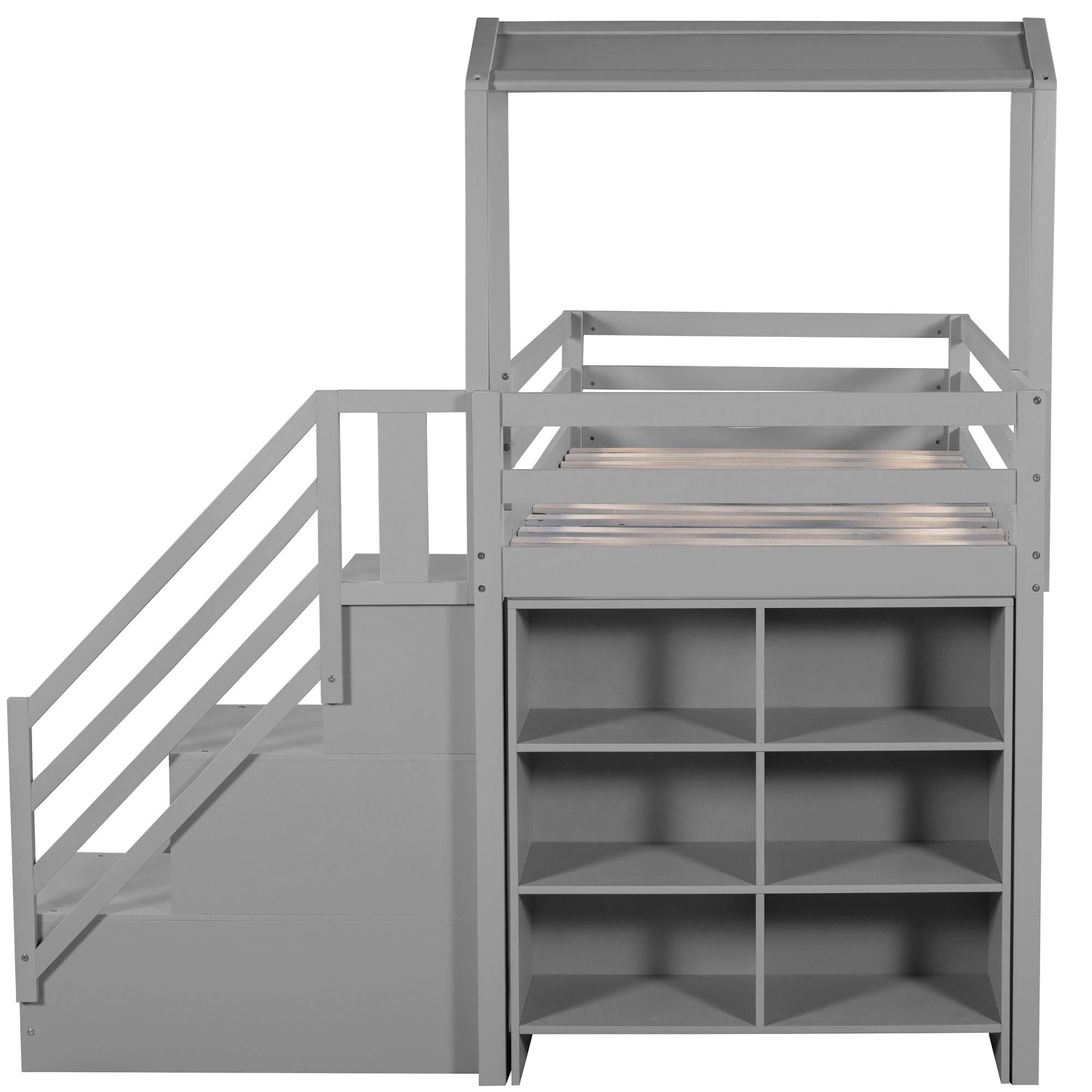 Twin over Full House Roof Bunk Bed with Staircase Drawers and Shelves - Gray