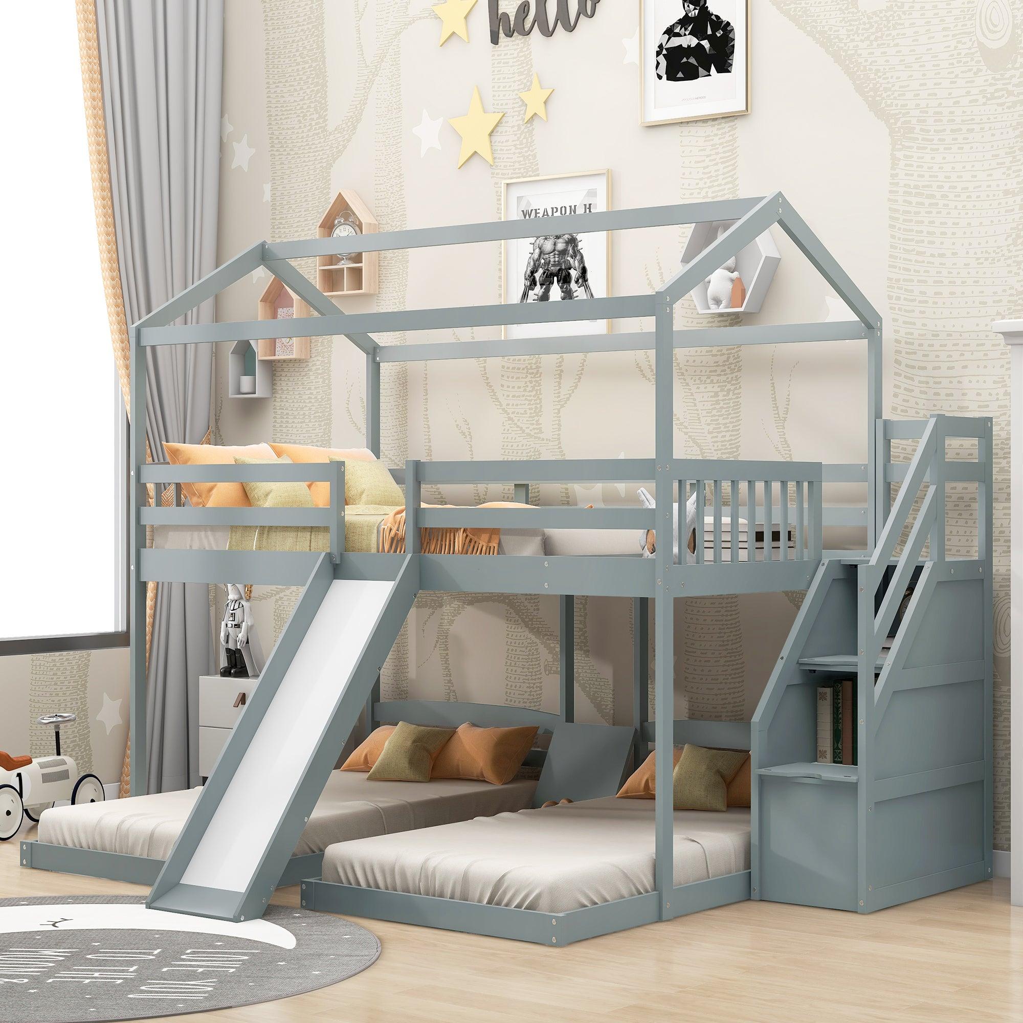 Full over Twin and Twin House Shaped Bunk Bed withStorage Staircase, Drawer , Slide, and Shelf - Gray image