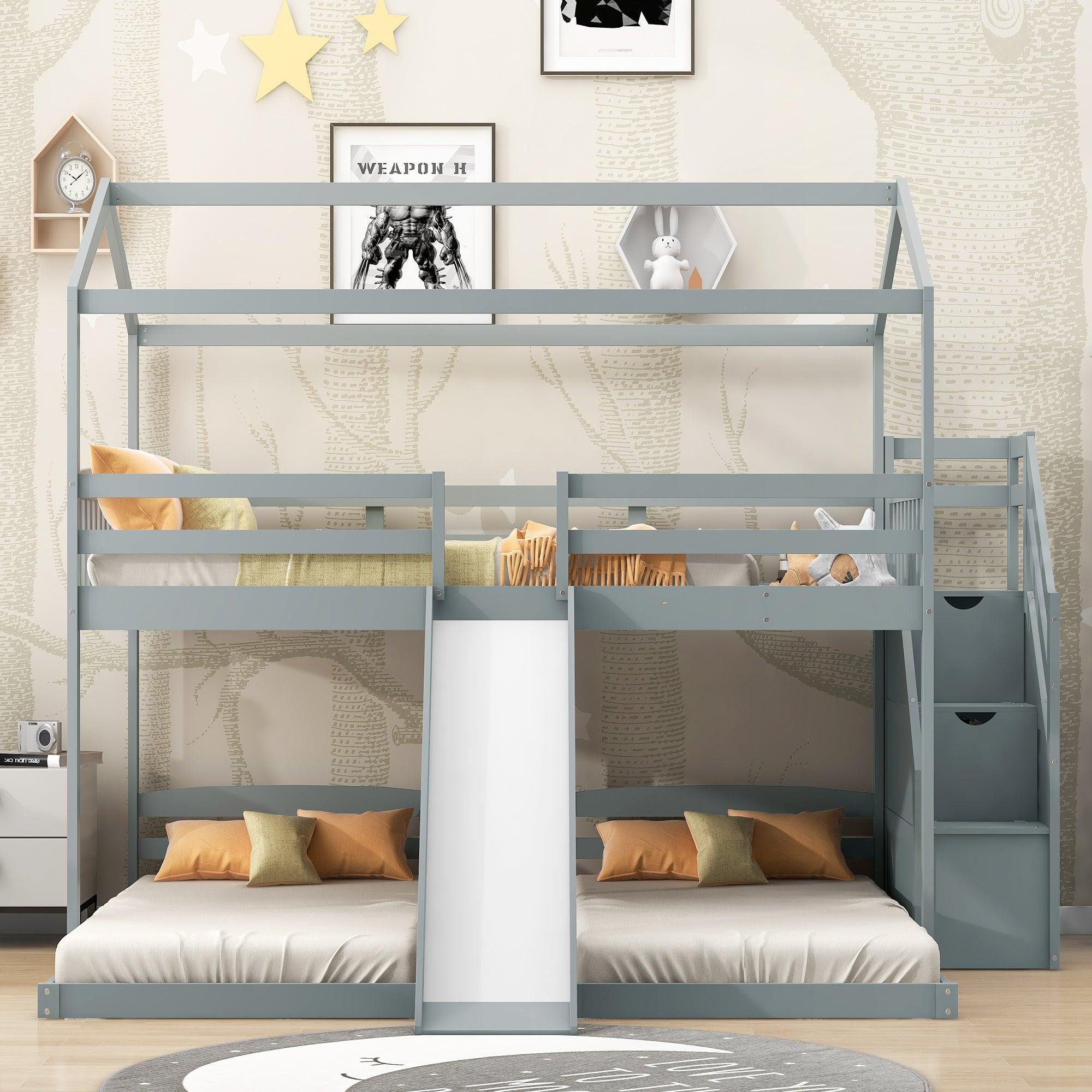 Full over Twin and Twin House Shaped Bunk Bed withStorage Staircase, Drawer , Slide, and Shelf - Gray