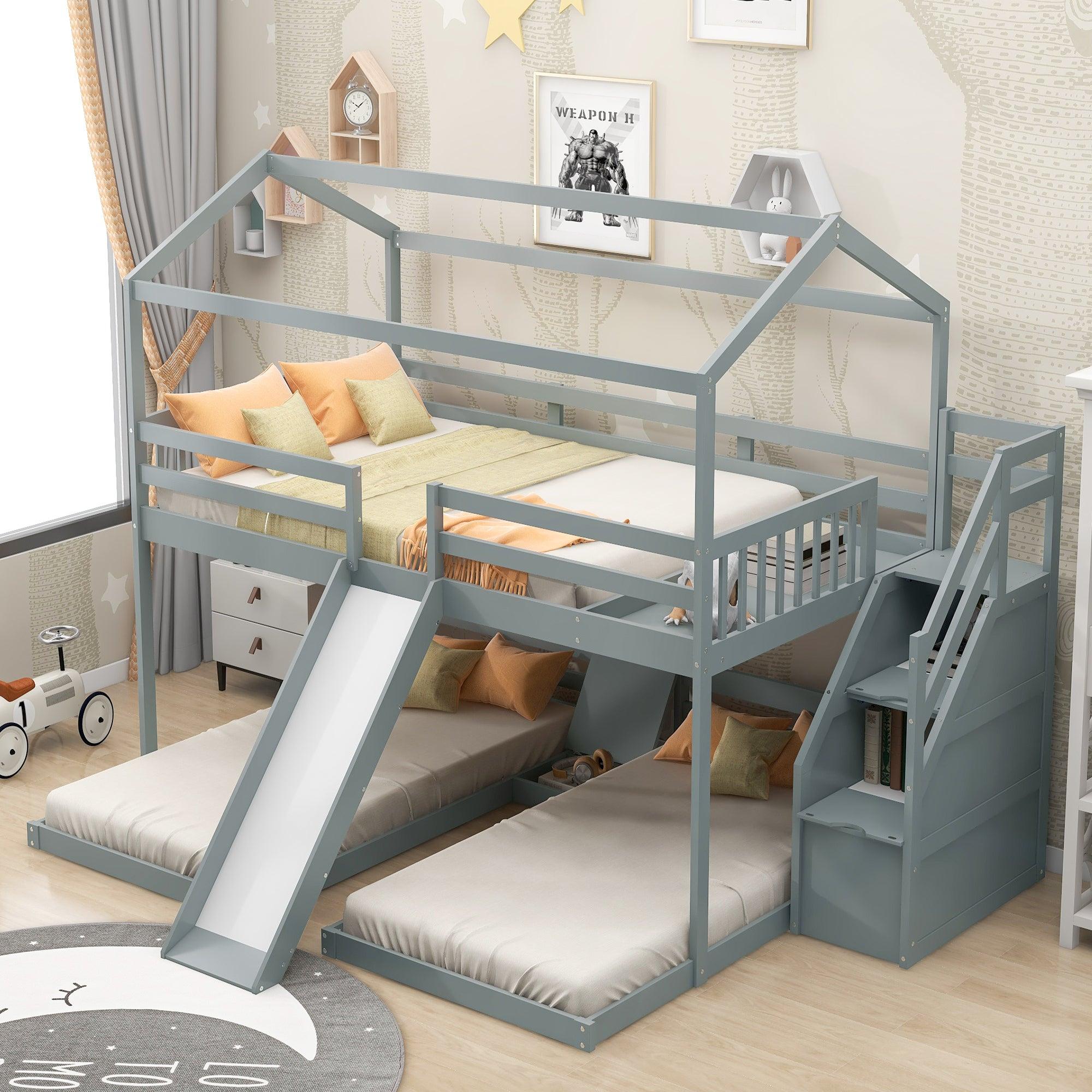 Full over Twin and Twin House Shaped Bunk Bed withStorage Staircase, Drawer , Slide, and Shelf - Gray