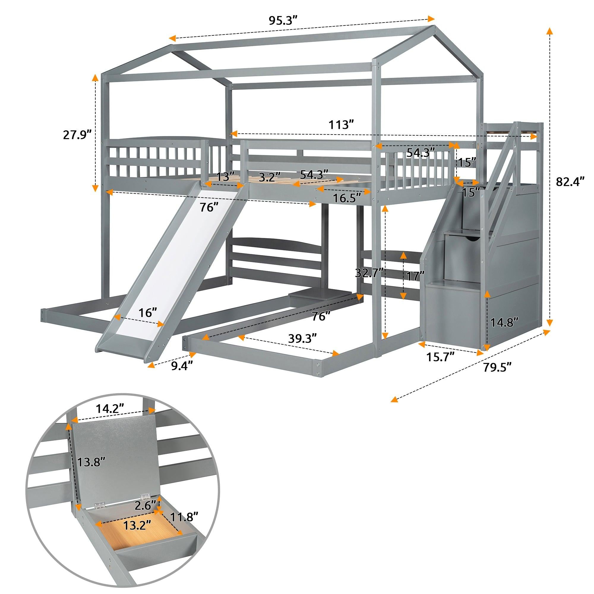 Full over Twin and Twin House Shaped Bunk Bed withStorage Staircase, Drawer , Slide, and Shelf - Gray