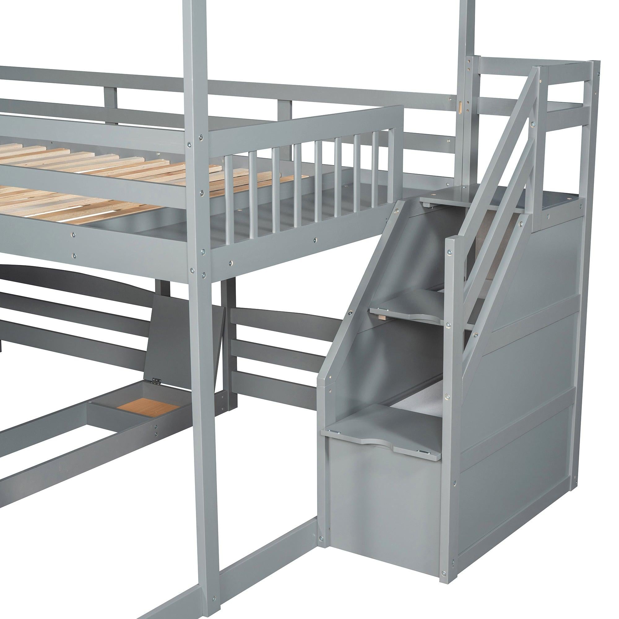 Full over Twin and Twin House Shaped Bunk Bed withStorage Staircase, Drawer , Slide, and Shelf - Gray