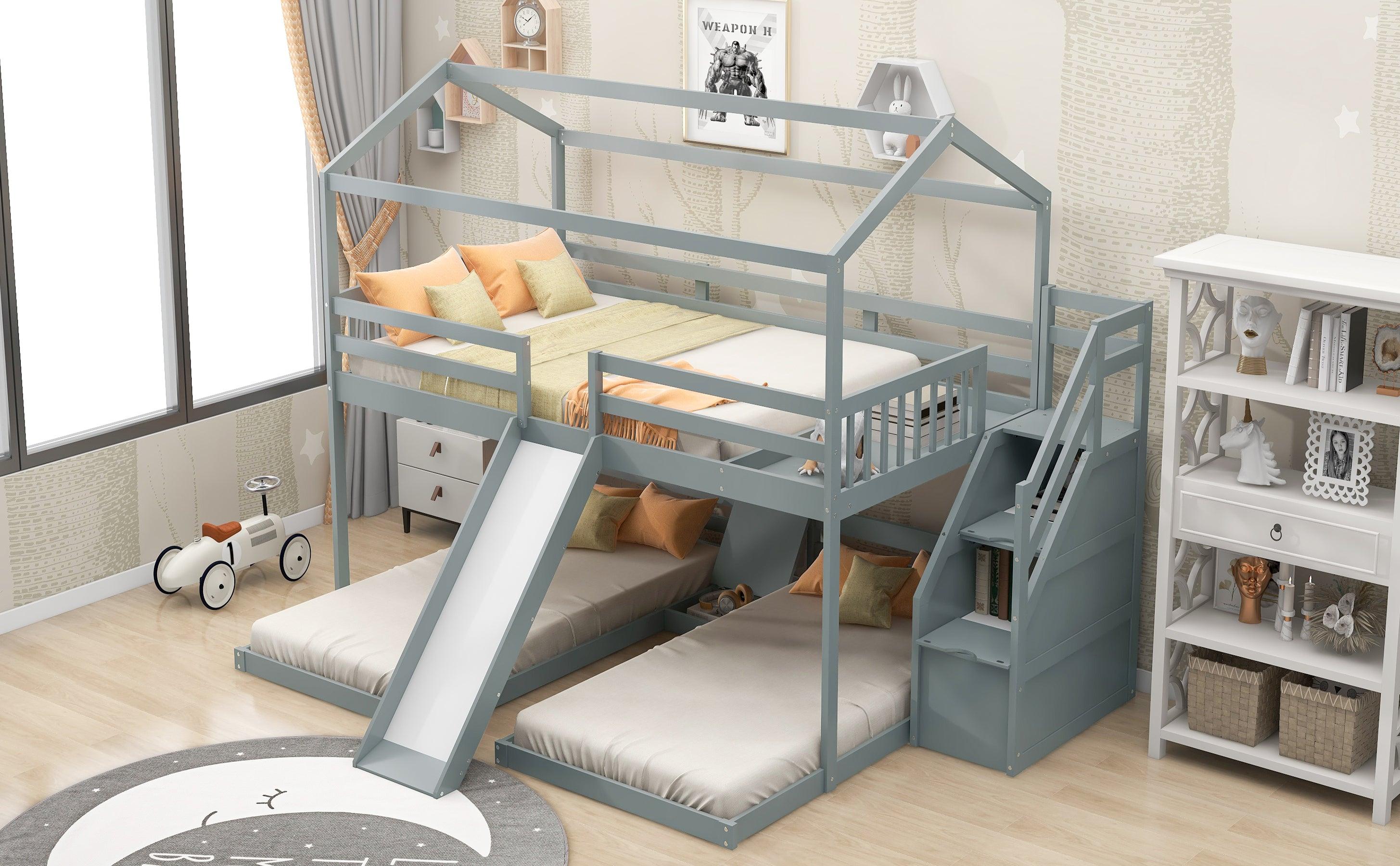 Full over Twin and Twin House Shaped Bunk Bed withStorage Staircase, Drawer , Slide, and Shelf - Gray