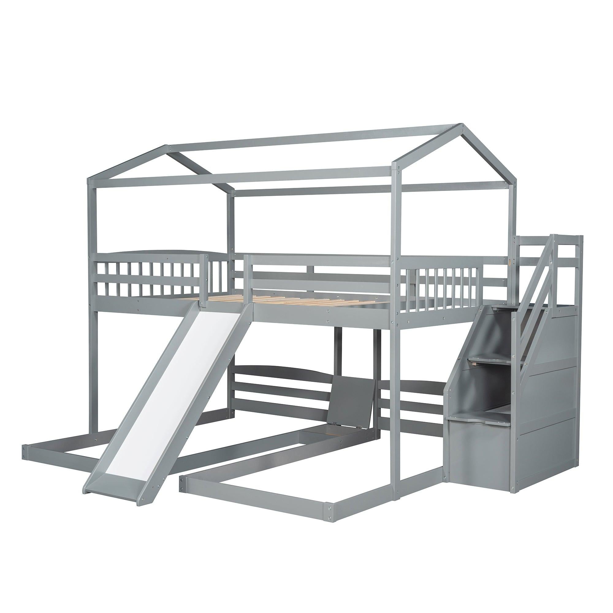 Full over Twin and Twin House Shaped Bunk Bed withStorage Staircase, Drawer , Slide, and Shelf - Gray