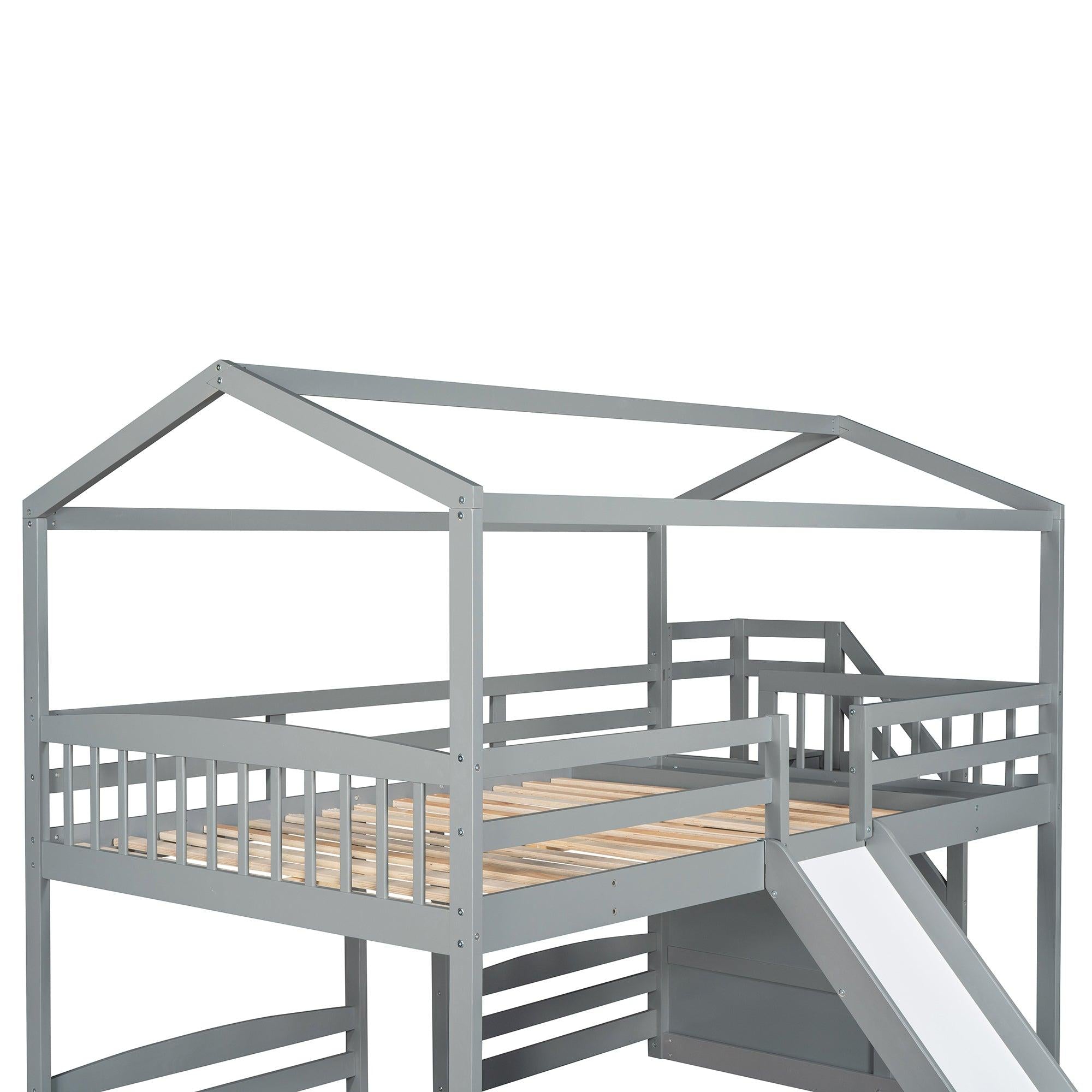 Full over Twin and Twin House Shaped Bunk Bed withStorage Staircase, Drawer , Slide, and Shelf - Gray