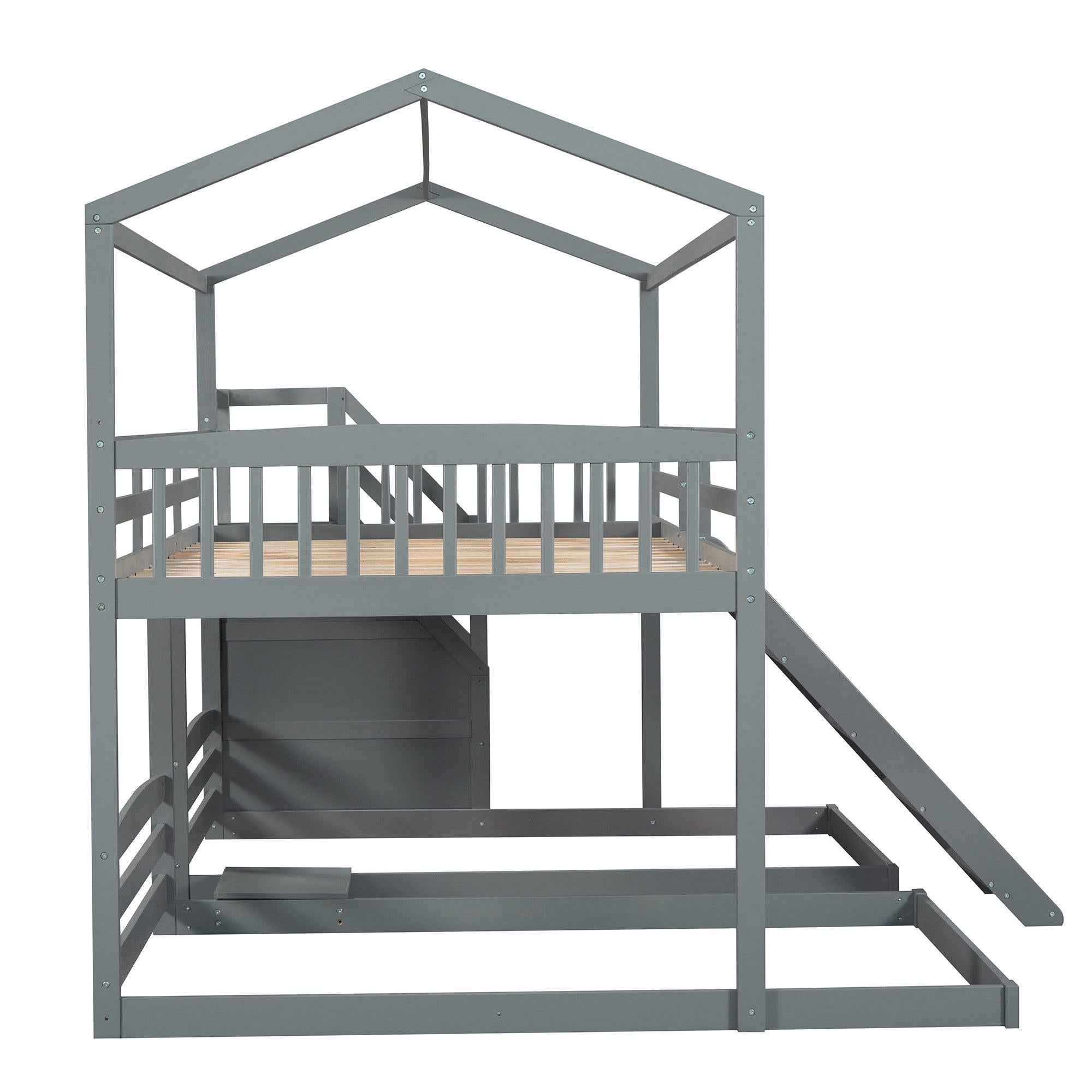 Full over Twin and Twin House Shaped Bunk Bed withStorage Staircase, Drawer , Slide, and Shelf - Gray