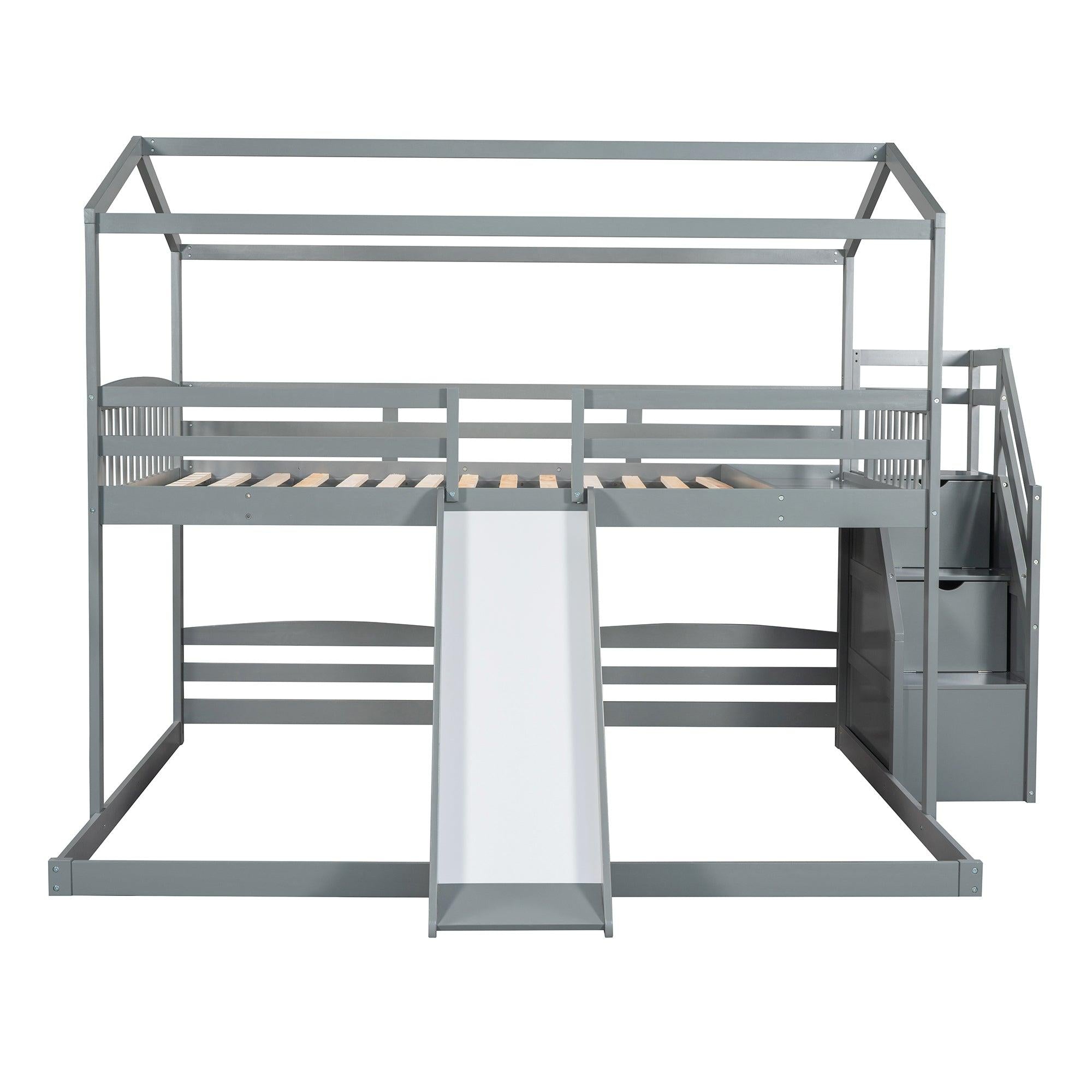 Full over Twin and Twin House Shaped Bunk Bed withStorage Staircase, Drawer , Slide, and Shelf - Gray