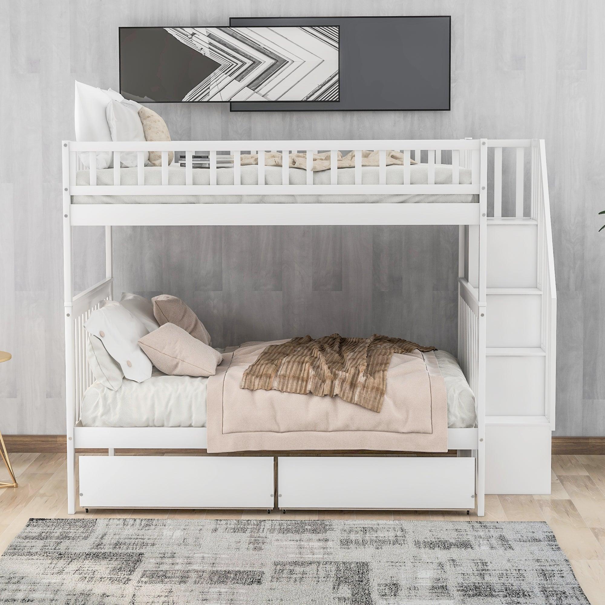 Full over Full Bunk Bed with Two Drawers andStorage Staircase - White